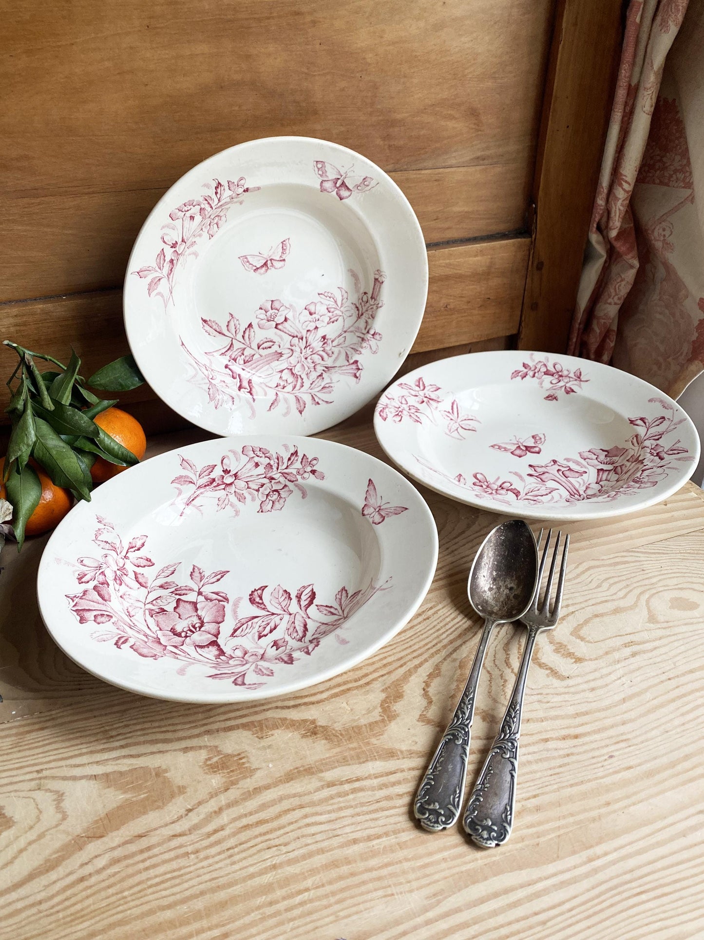 Set of 3 Antique rose pink Transferware Soup Plates, Badonviller Floral and butterflies Design