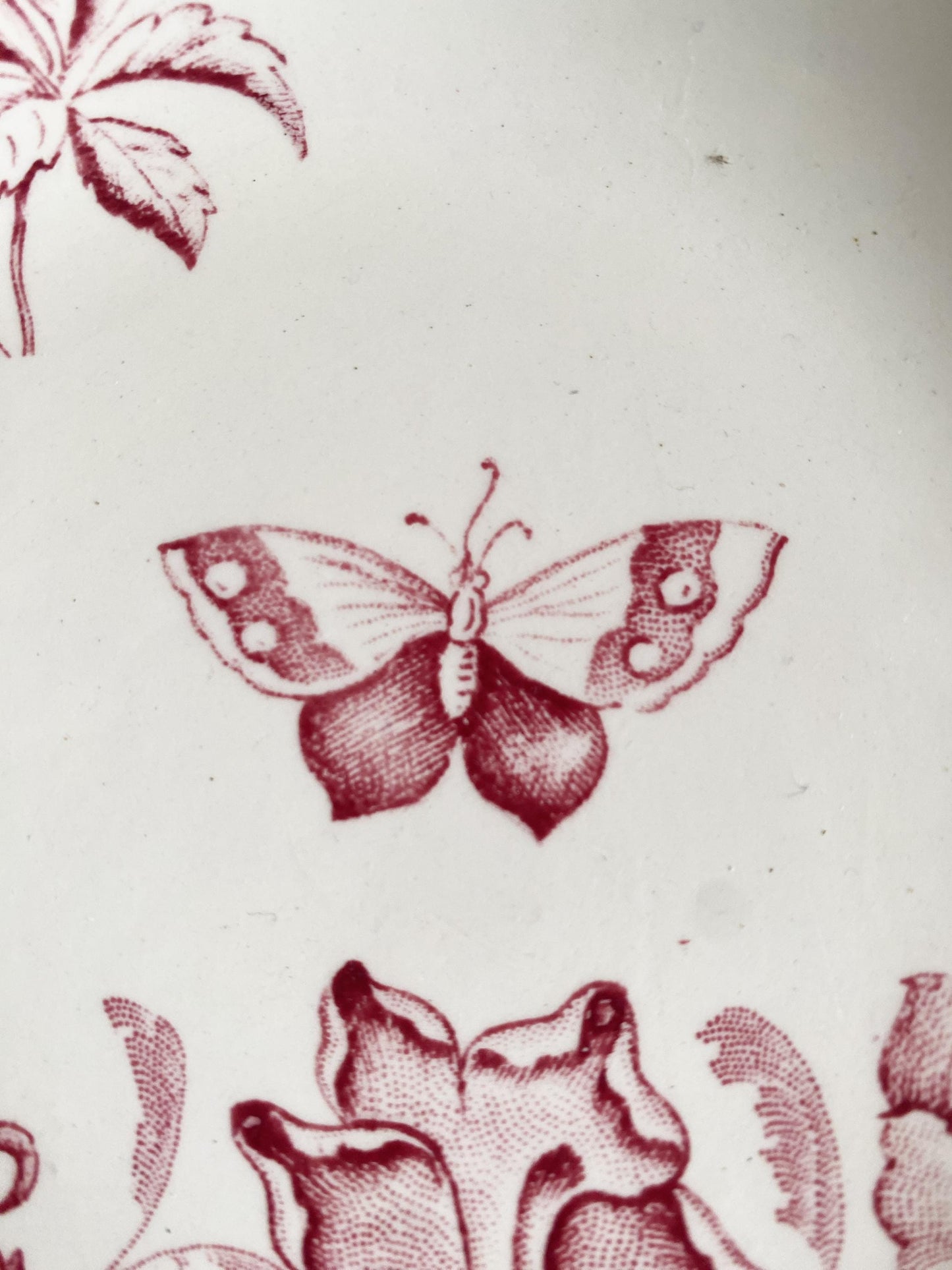 Set of 3 Antique rose pink Transferware Soup Plates, Badonviller Floral and butterflies Design