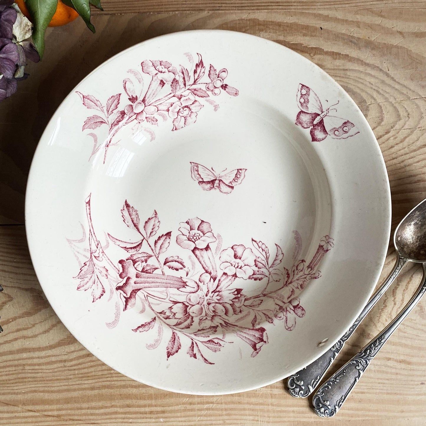 Set of 3 Antique rose pink Transferware Soup Plates, Badonviller Floral and butterflies Design