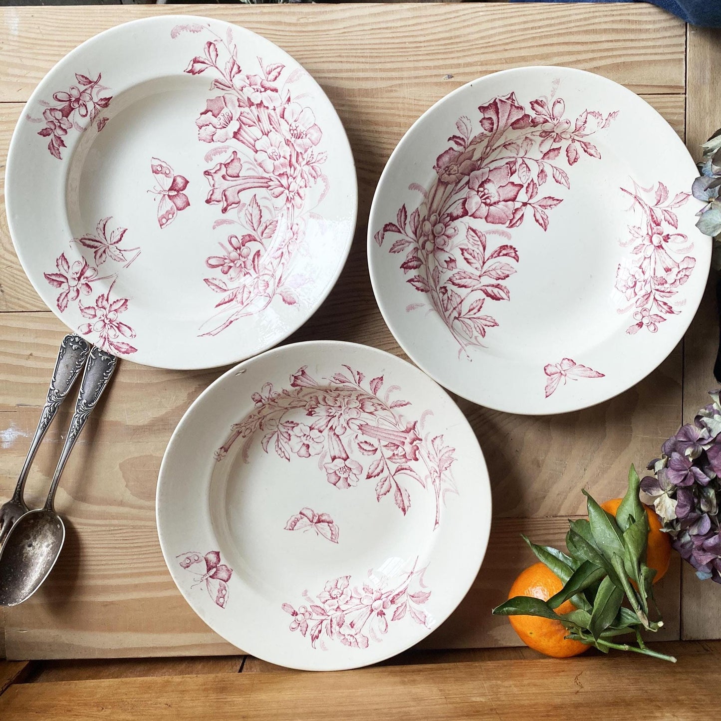 Set of 3 Antique rose pink Transferware Soup Plates, Badonviller Floral and butterflies Design