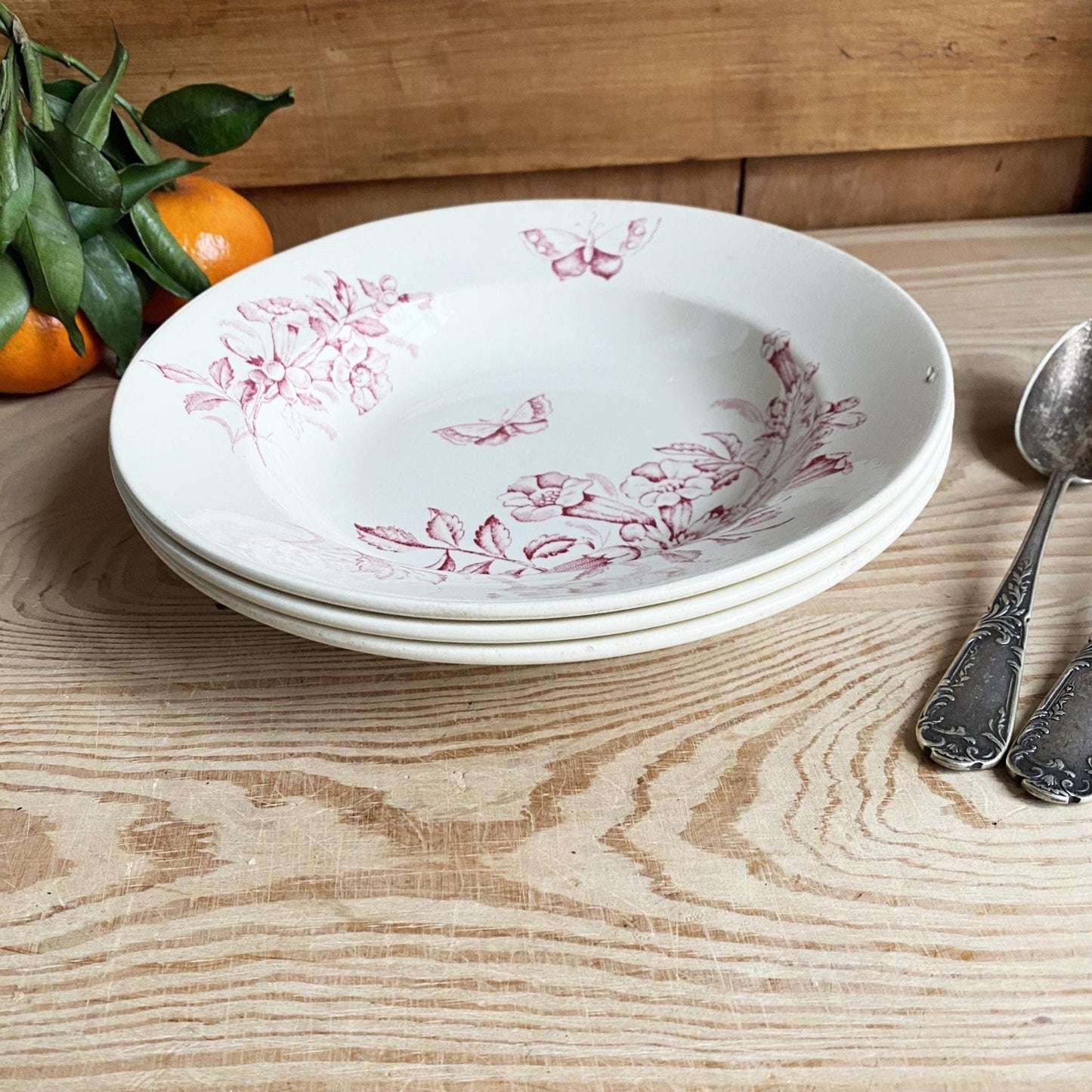 Set of 3 Antique rose pink Transferware Soup Plates, Badonviller Floral and butterflies Design