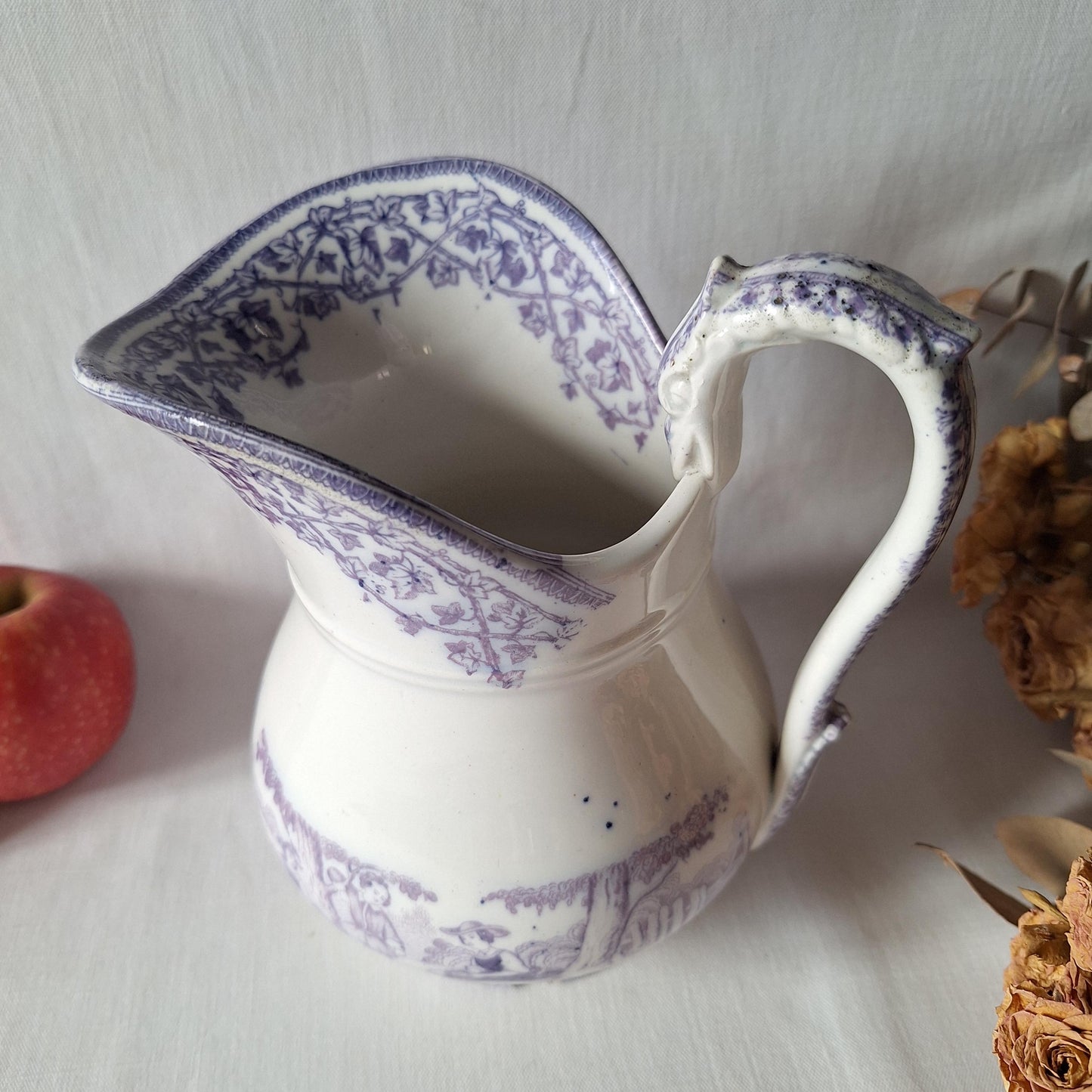 French antique purple Victorian transferware pitcher / water jug in purple and white by Grigny  c1880