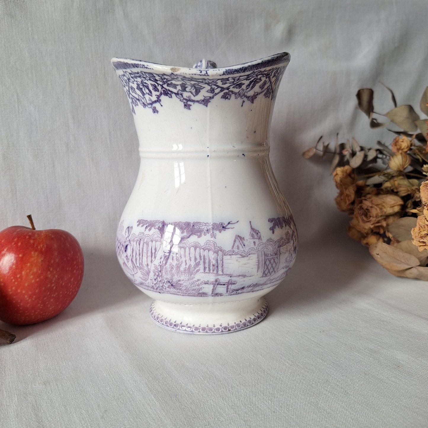 French antique purple Victorian transferware pitcher / water jug in purple and white by Grigny  c1880