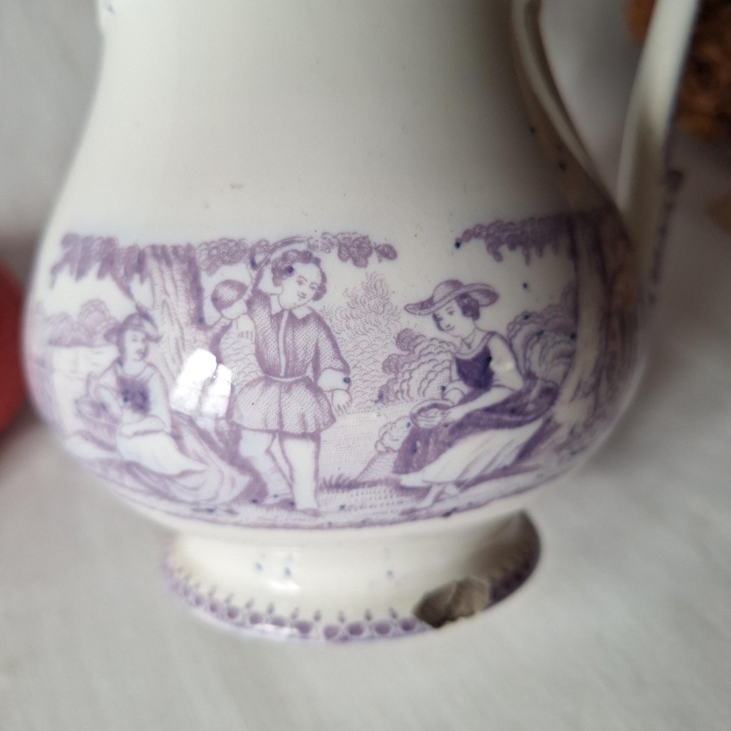 French antique purple Victorian transferware pitcher / water jug in purple and white by Grigny  c1880