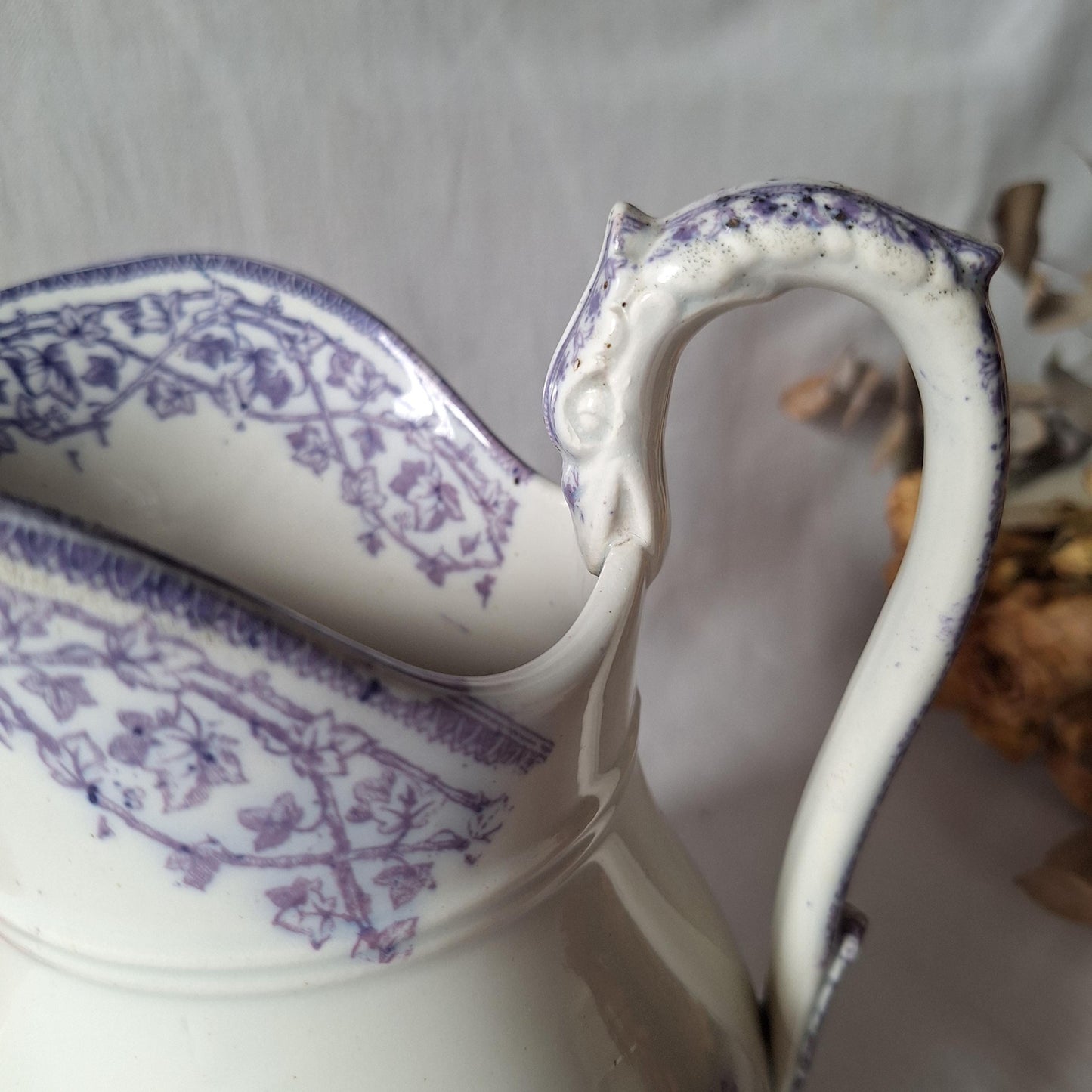 French antique purple Victorian transferware pitcher / water jug in purple and white by Grigny  c1880