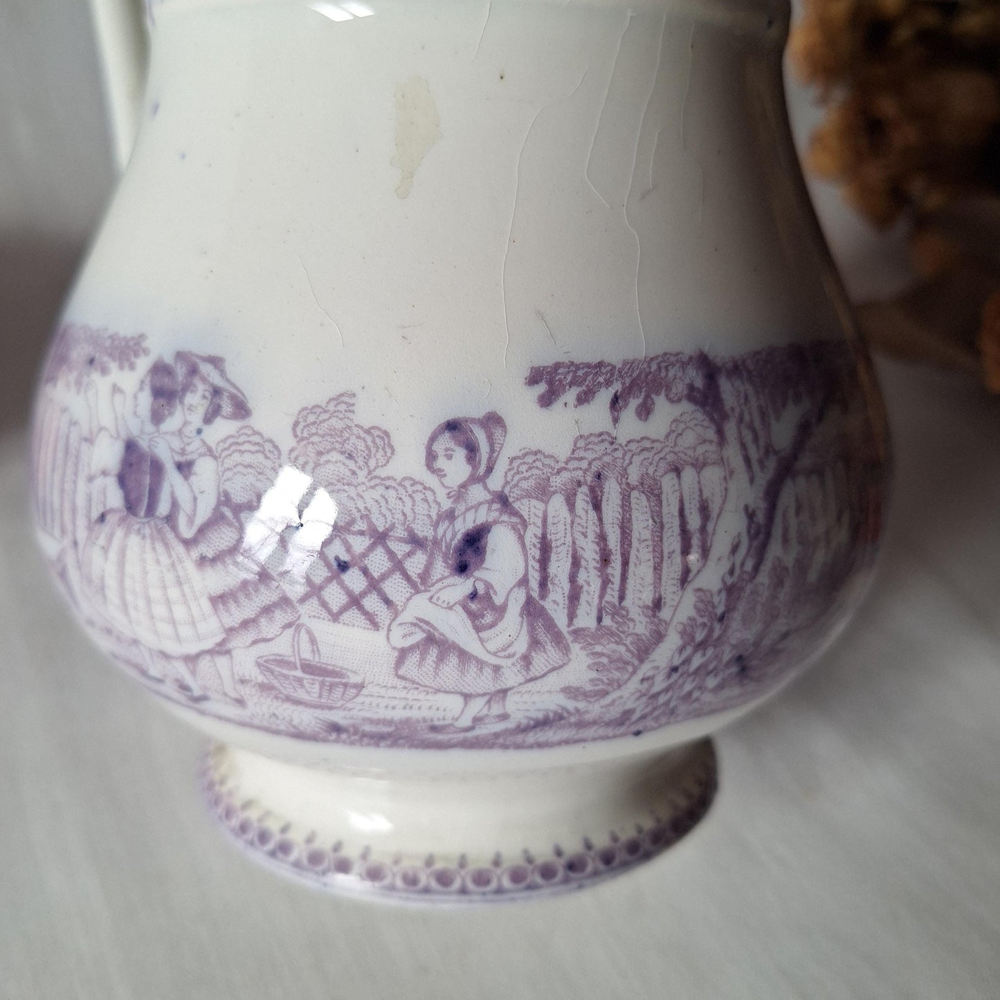French antique purple Victorian transferware pitcher / water jug in purple and white by Grigny  c1880