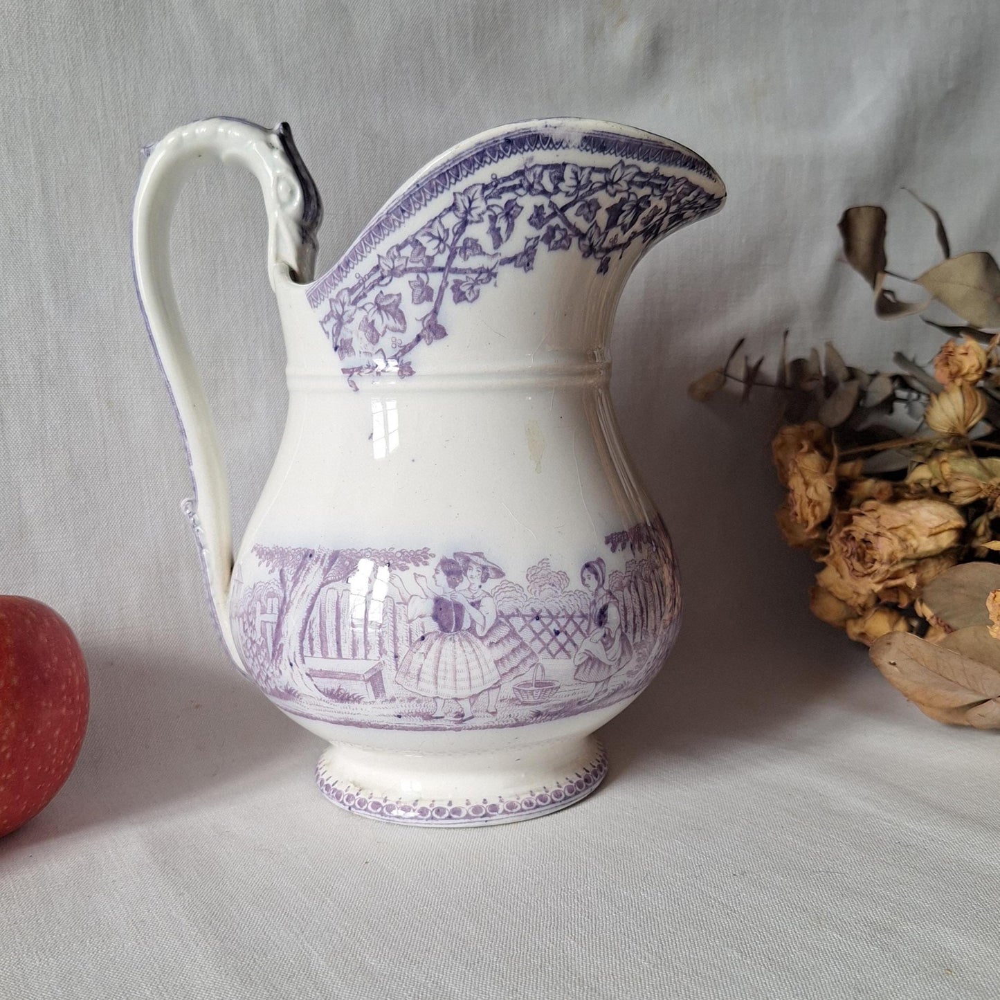 French antique purple Victorian transferware pitcher / water jug in purple and white by Grigny  c1880