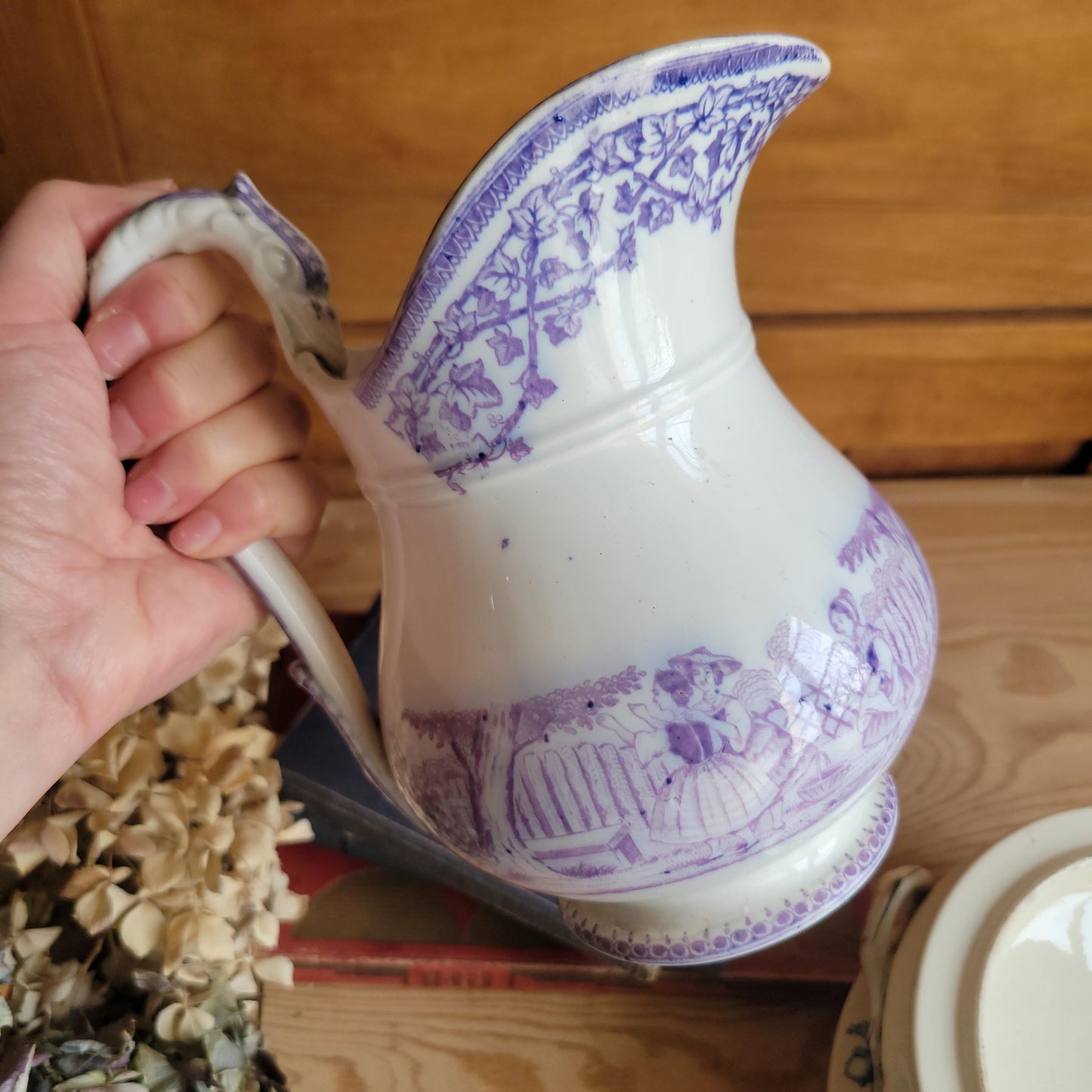 French antique purple Victorian transferware pitcher / water jug in purple and white by Grigny  c1880