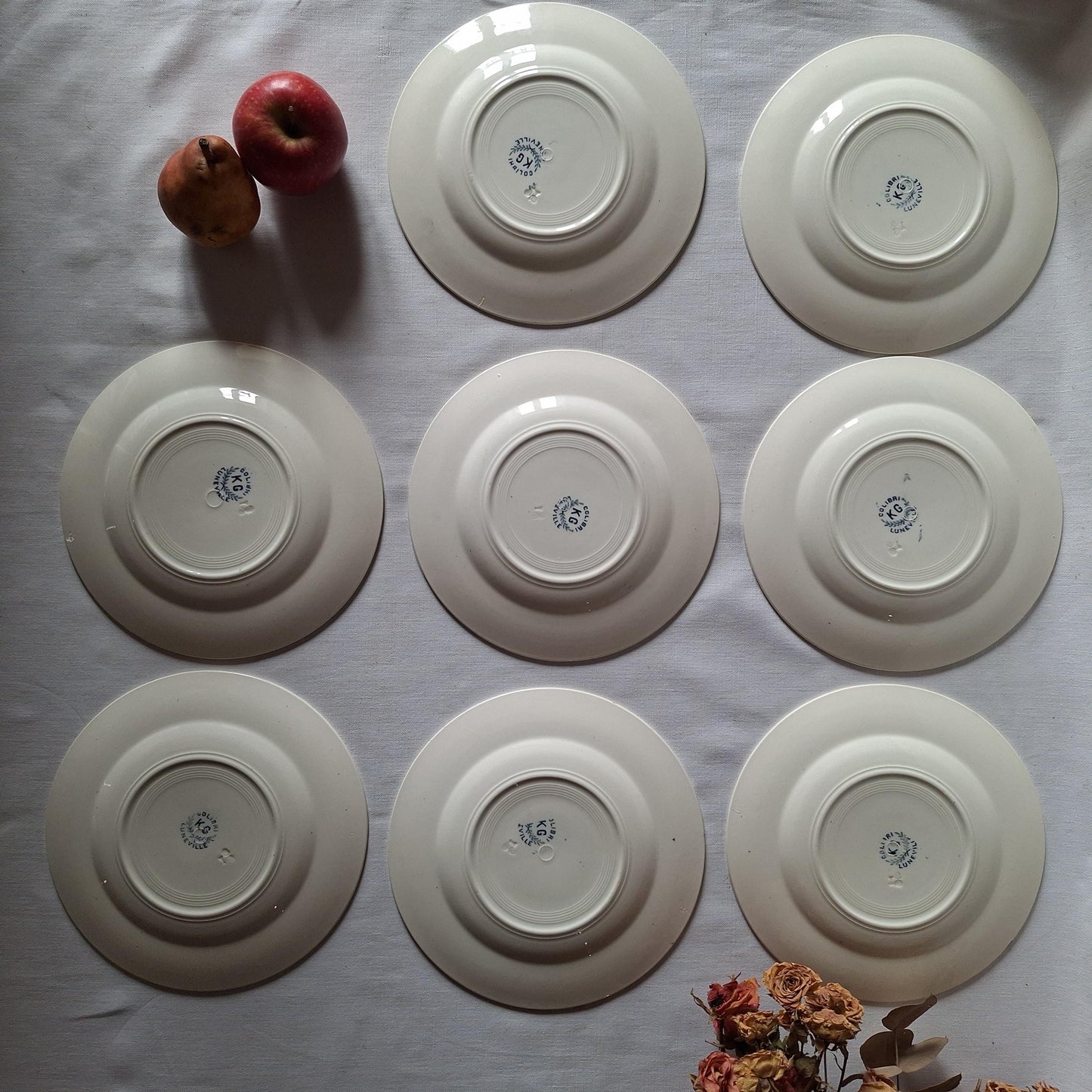 Antique French Blue Transferware Colibri Birds Dessert / Entree Plates (Set of 8), Luneville c1890