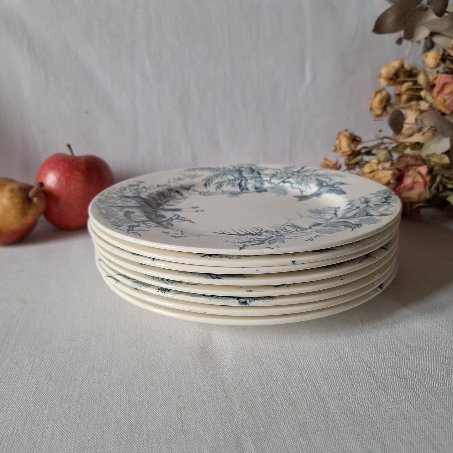 Antique French Blue Transferware Colibri Birds Dessert / Entree Plates (Set of 8), Luneville c1890