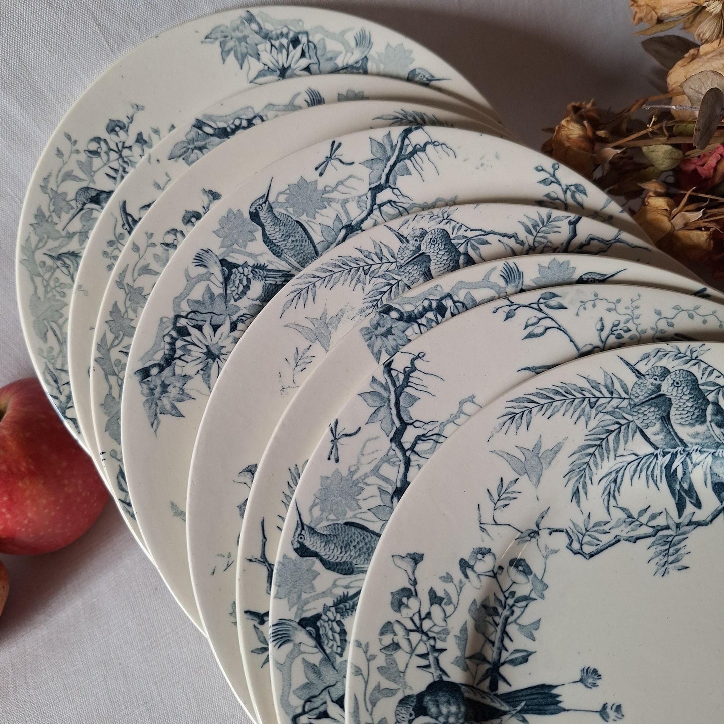 Antique French Blue Transferware Colibri Birds Dessert / Entree Plates (Set of 8), Luneville c1890
