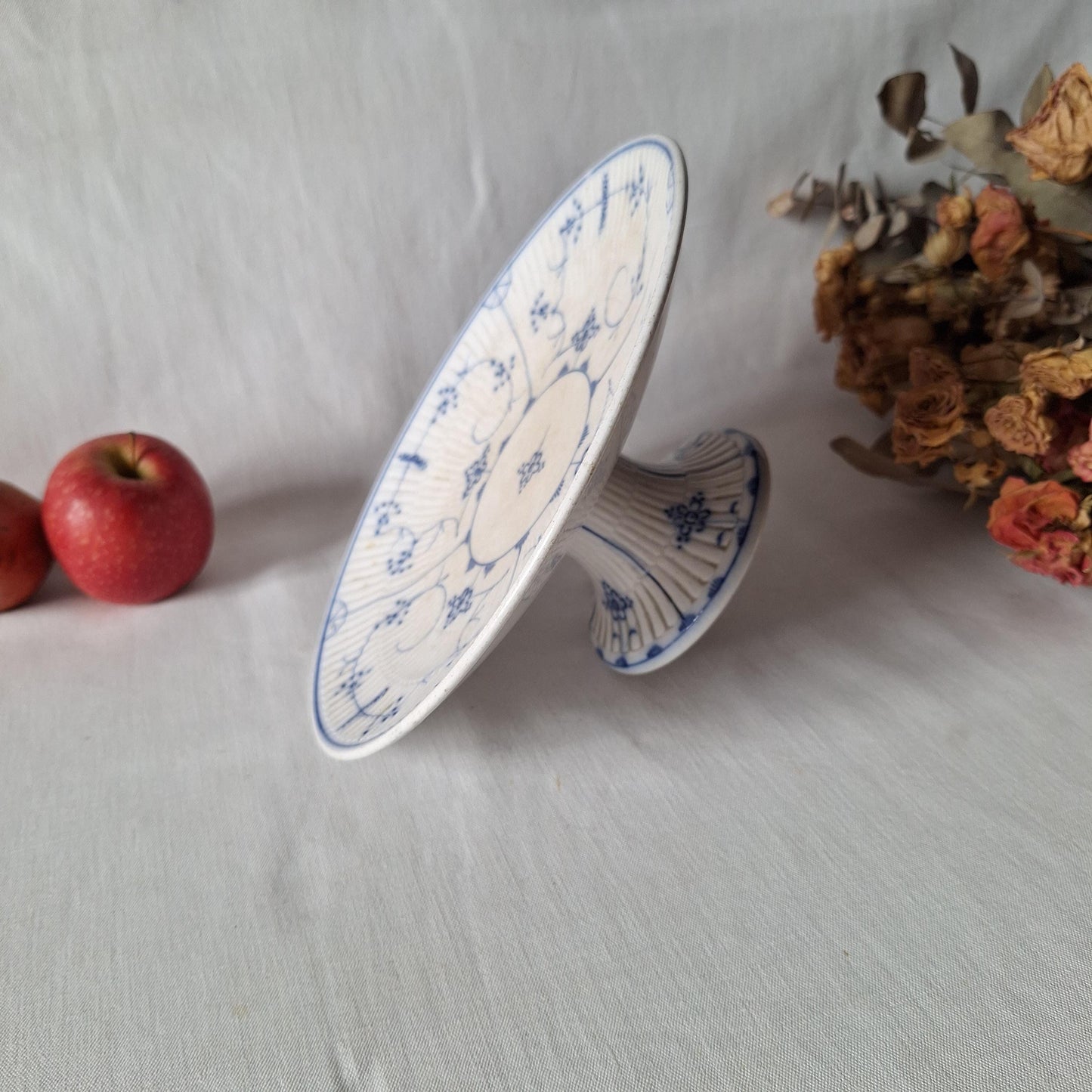 Antique Villeroy & Boch Hand Painted Cake Stand, timeworn Dresden Blue and White Compotier, c1910