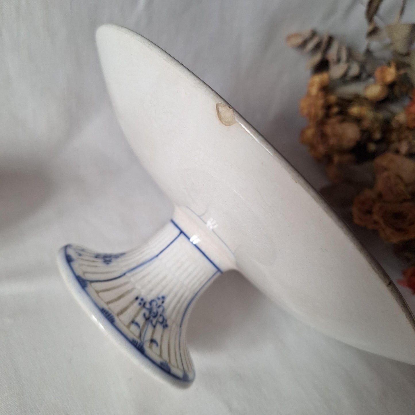 Antique Villeroy & Boch Hand Painted Cake Stand, timeworn Dresden Blue and White Compotier, c1910