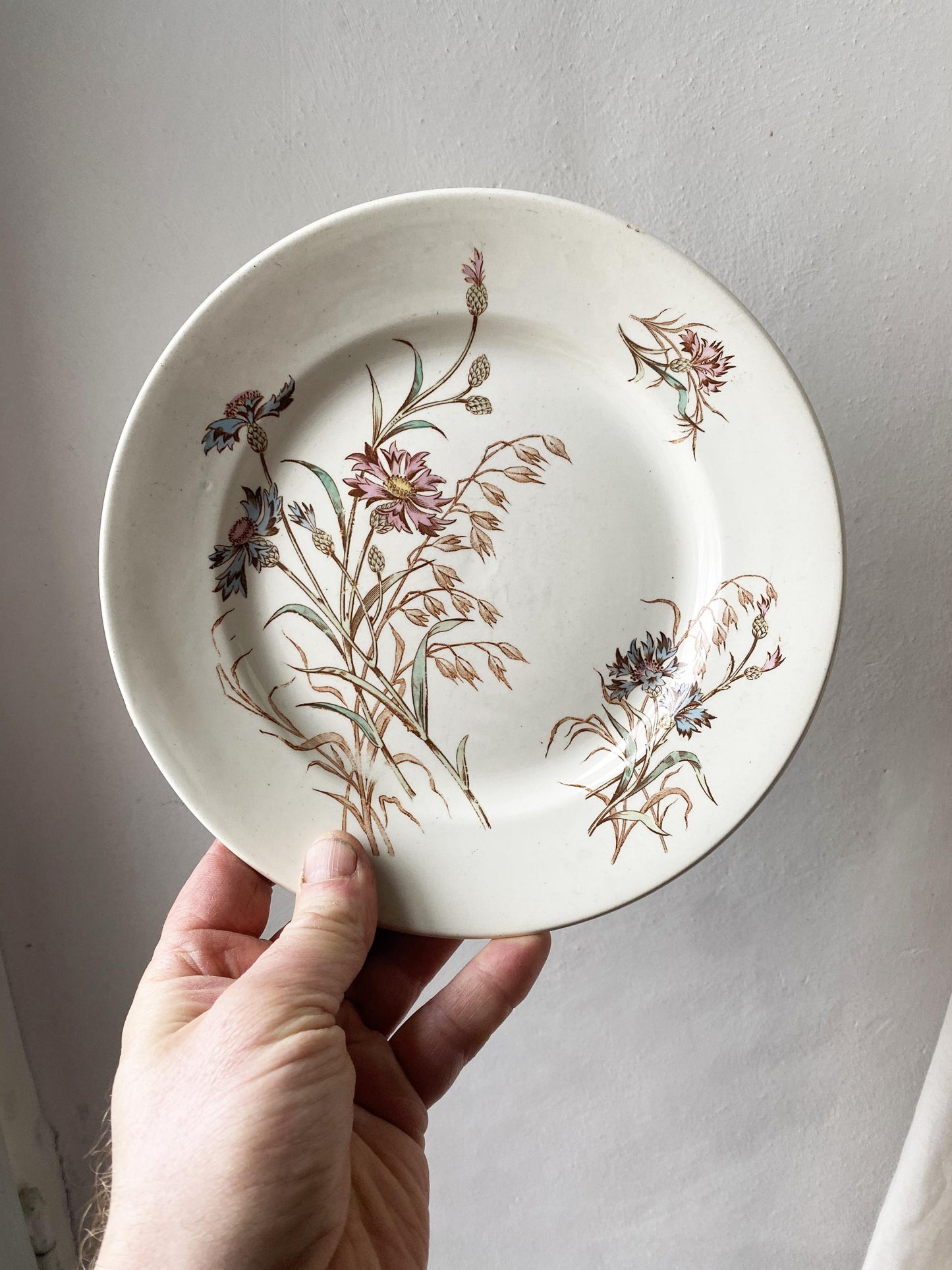 SET of 4 antique French ironstone side plates, polychrome transferware floral garlands in blue, green + pink Luneville France c 1890