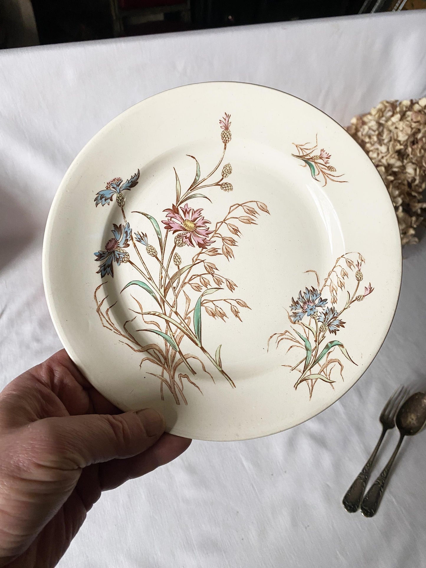SET of 4 antique French ironstone side plates, polychrome transferware floral garlands in blue, green + pink Luneville France c 1890