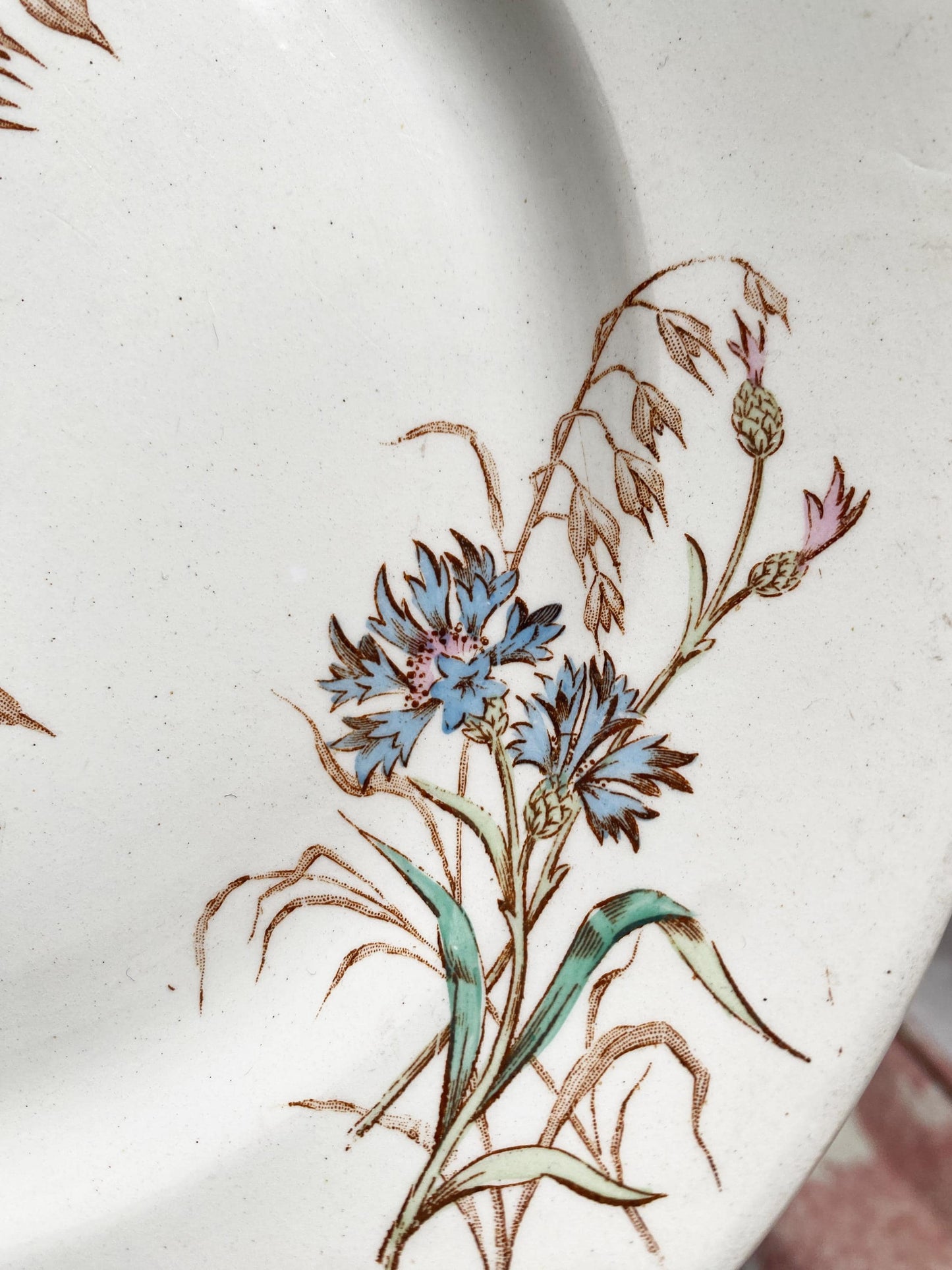 SET of 4 antique French ironstone side plates, polychrome transferware floral garlands in blue, green + pink Luneville France c 1890