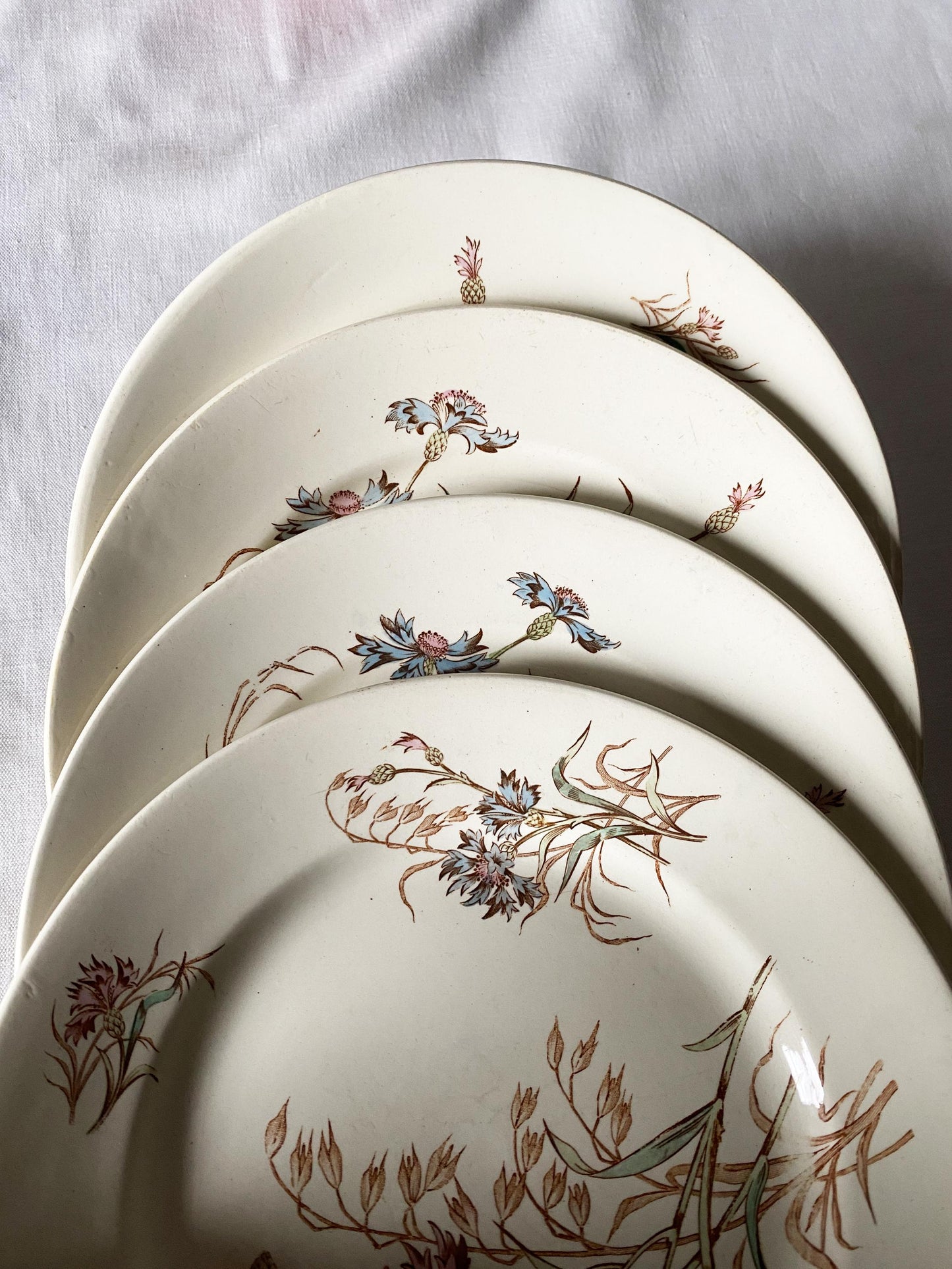 SET of 4 antique French ironstone side plates, polychrome transferware floral garlands in blue, green + pink Luneville France c 1890