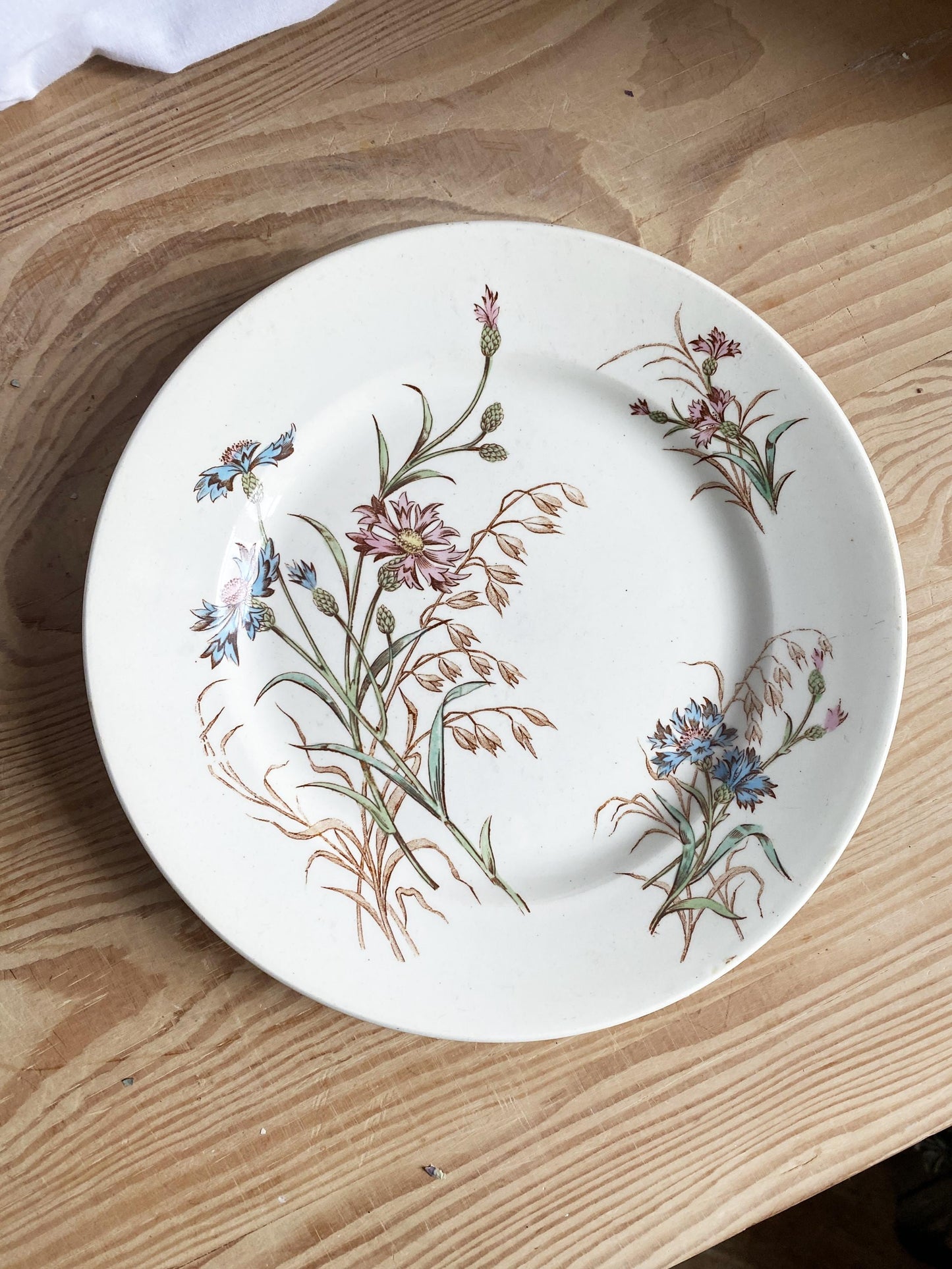 SET of 4 antique French ironstone side plates, polychrome transferware floral garlands in blue, green + pink Luneville France c 1890