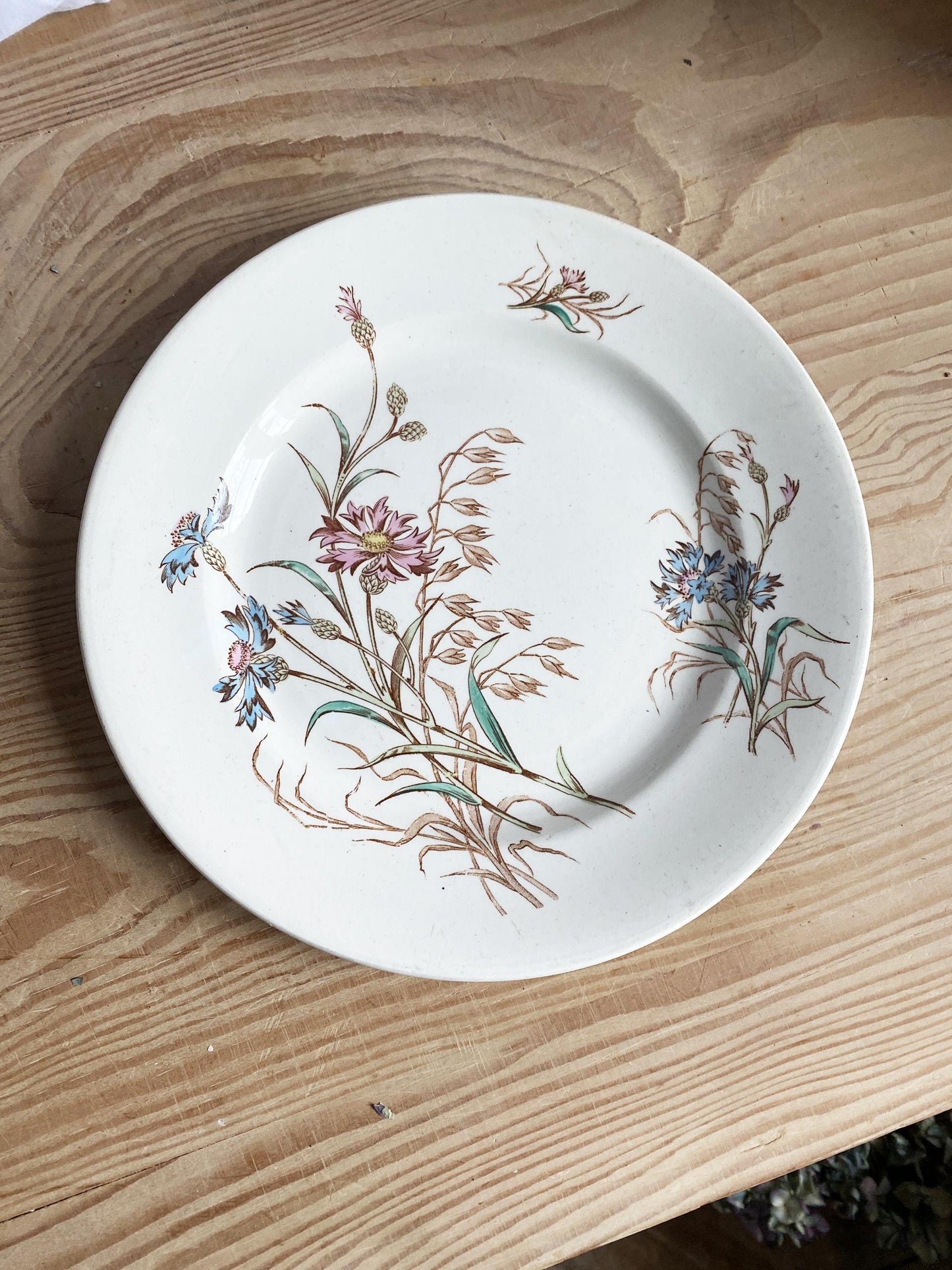 SET of 4 antique French ironstone side plates, polychrome transferware floral garlands in blue, green + pink Luneville France c 1890