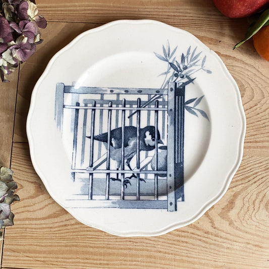 Antique Pierre Mallett 'Canova' bird plate blue transferware Staffordshire c1868 BWM&C for E Bourgouis France