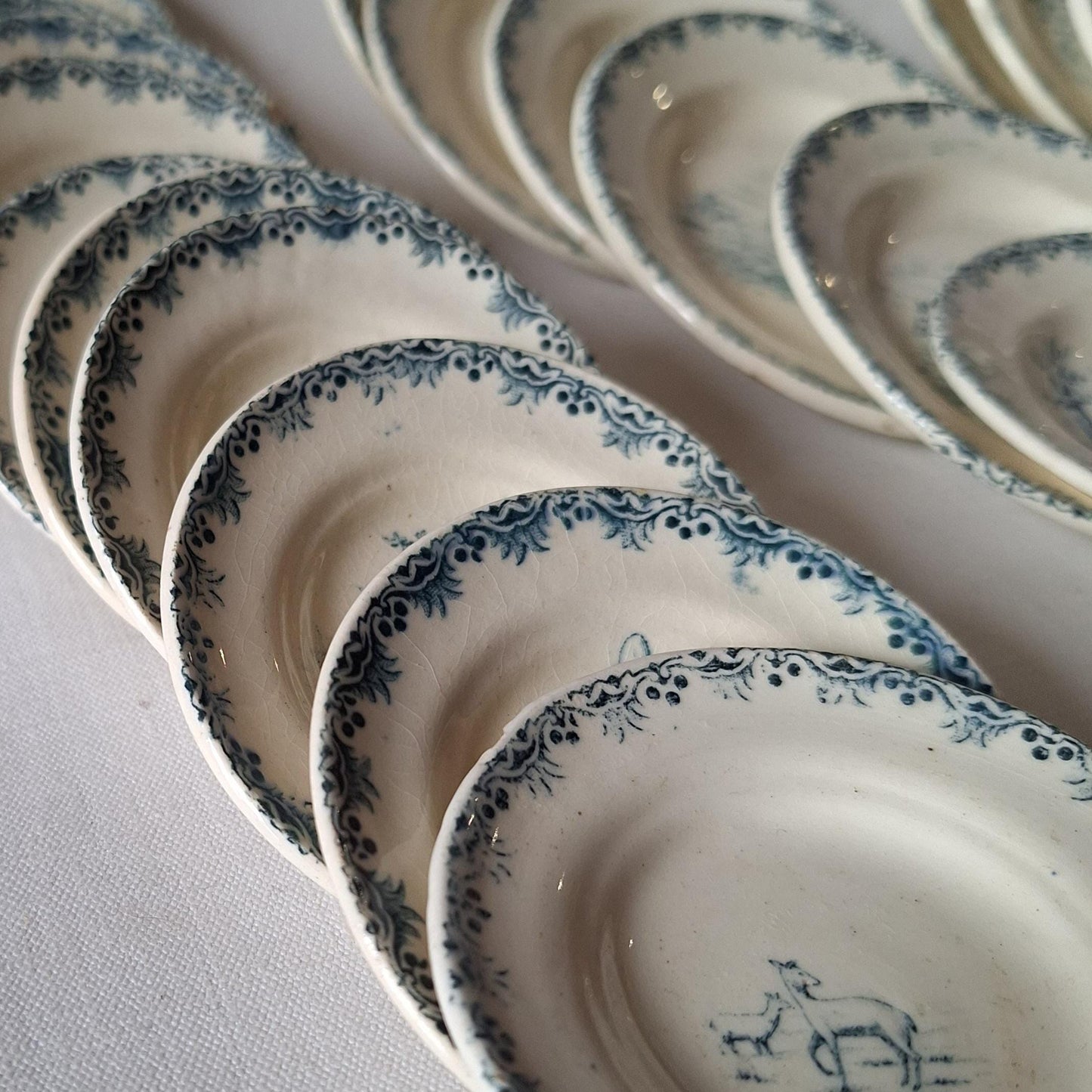 Miniature French Antique Children's dinette plate set, teal Transferware, Choisy le Roi, c.1890, 23 pieces.