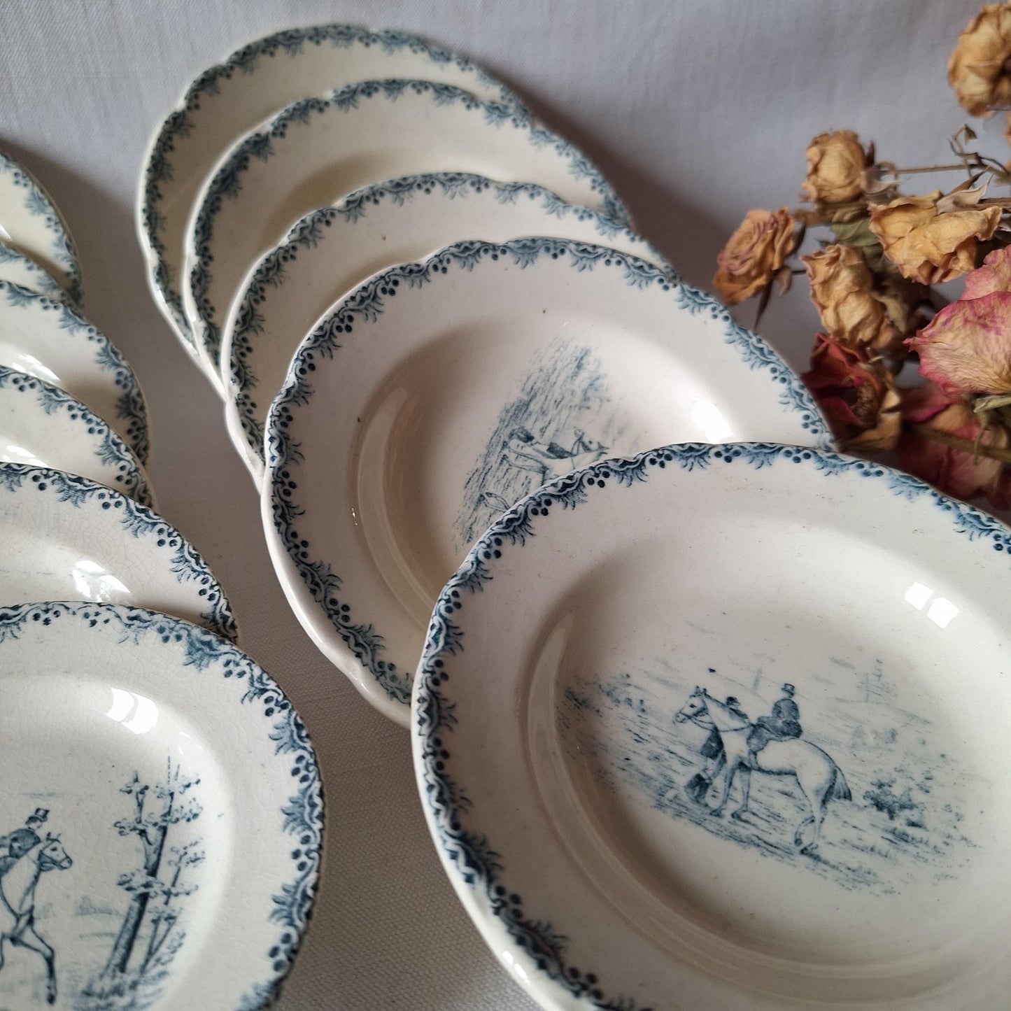 Miniature French Antique Children's dinette plate set, teal Transferware, Choisy le Roi, c.1890, 23 pieces.