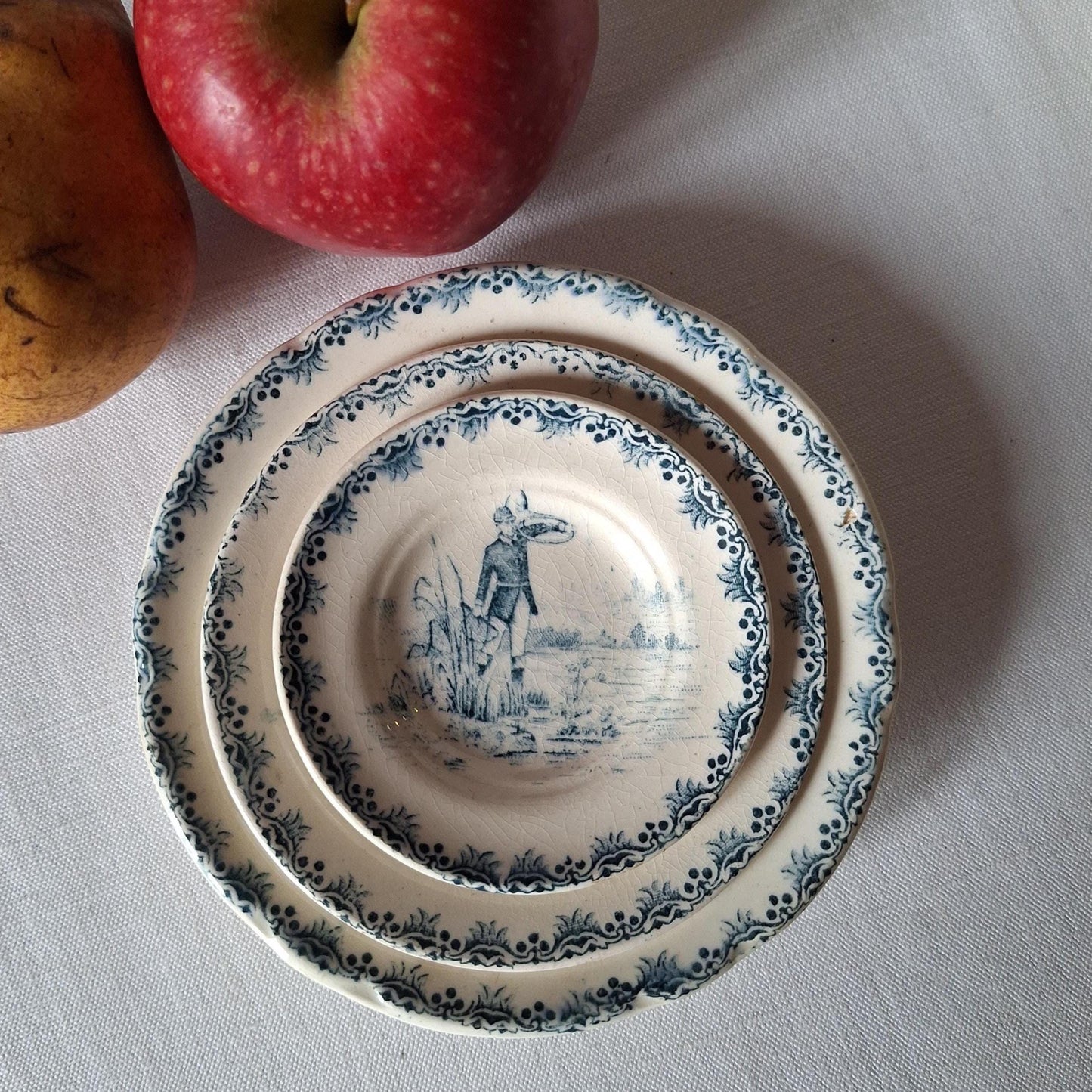 Miniature French Antique Children's dinette plate set, teal Transferware, Choisy le Roi, c.1890, 23 pieces.