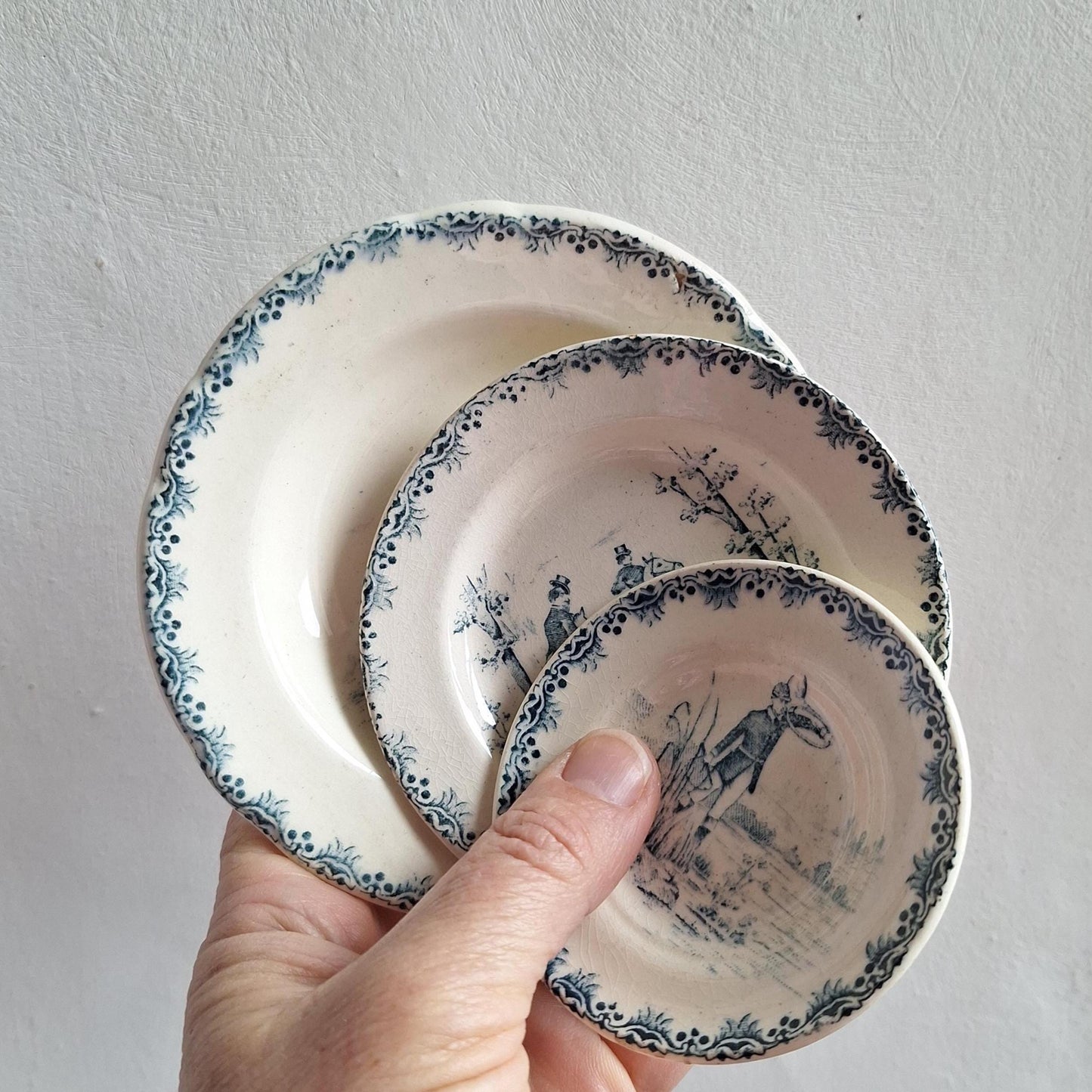 Miniature French Antique Children's dinette plate set, teal Transferware, Choisy le Roi, c.1890, 23 pieces.