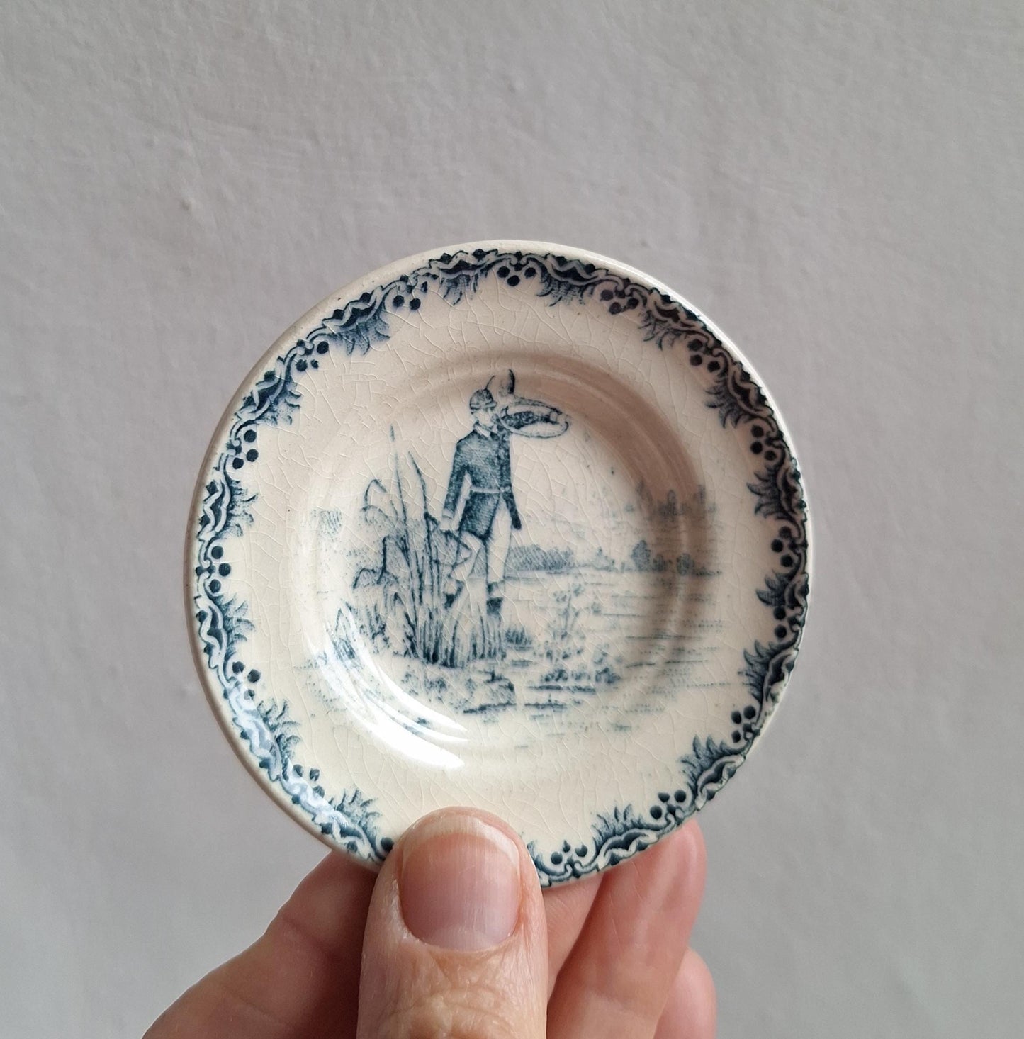 Miniature French Antique Children's dinette plate set, teal Transferware, Choisy le Roi, c.1890, 23 pieces.