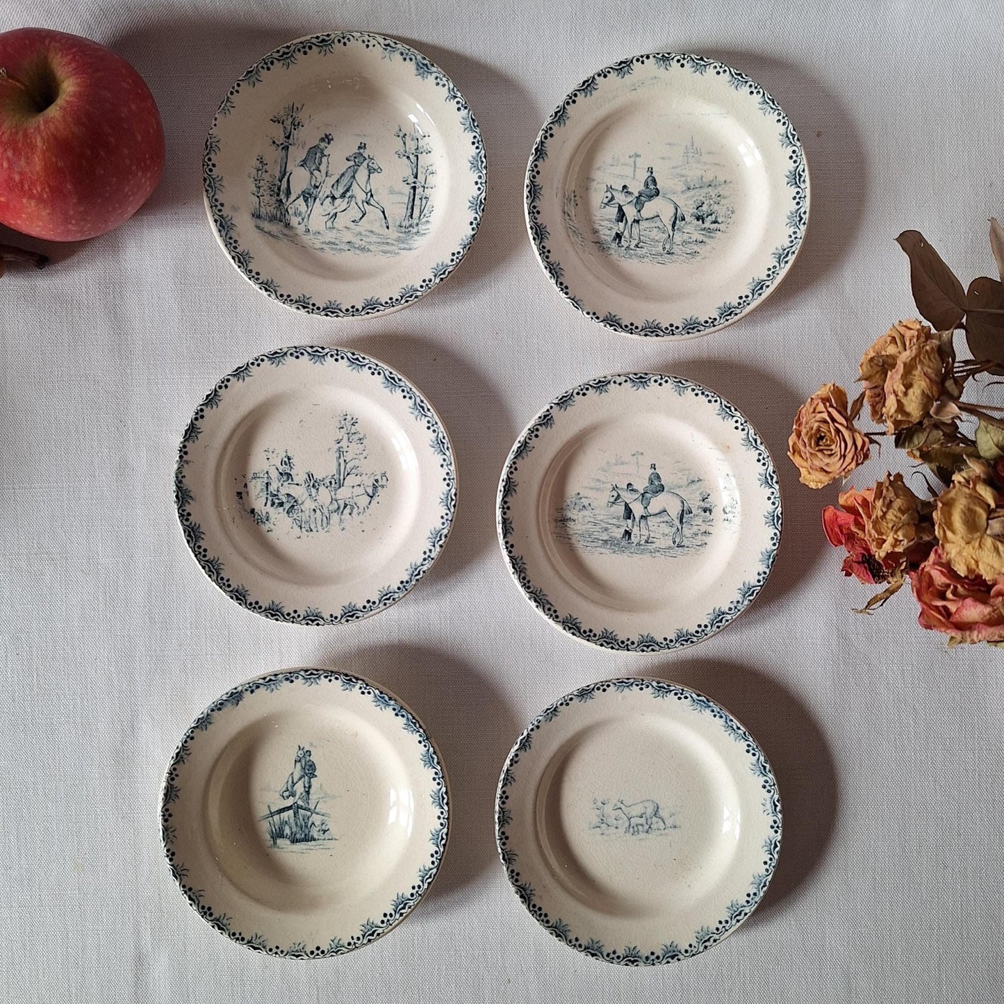 Miniature French Antique Children's dinette plate set, teal Transferware, Choisy le Roi, c.1890, 23 pieces.