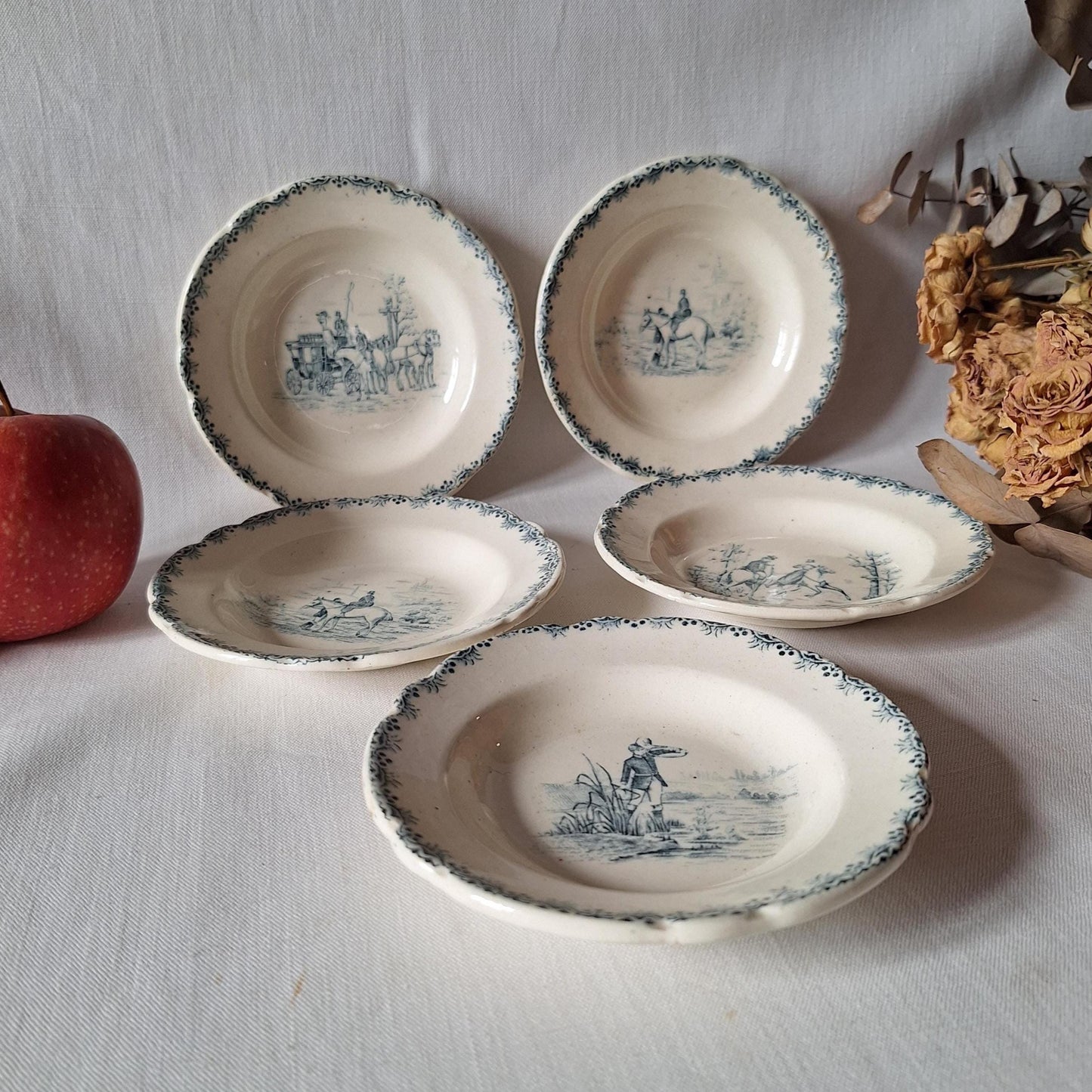 Miniature French Antique Children's dinette plate set, teal Transferware, Choisy le Roi, c.1890, 23 pieces.