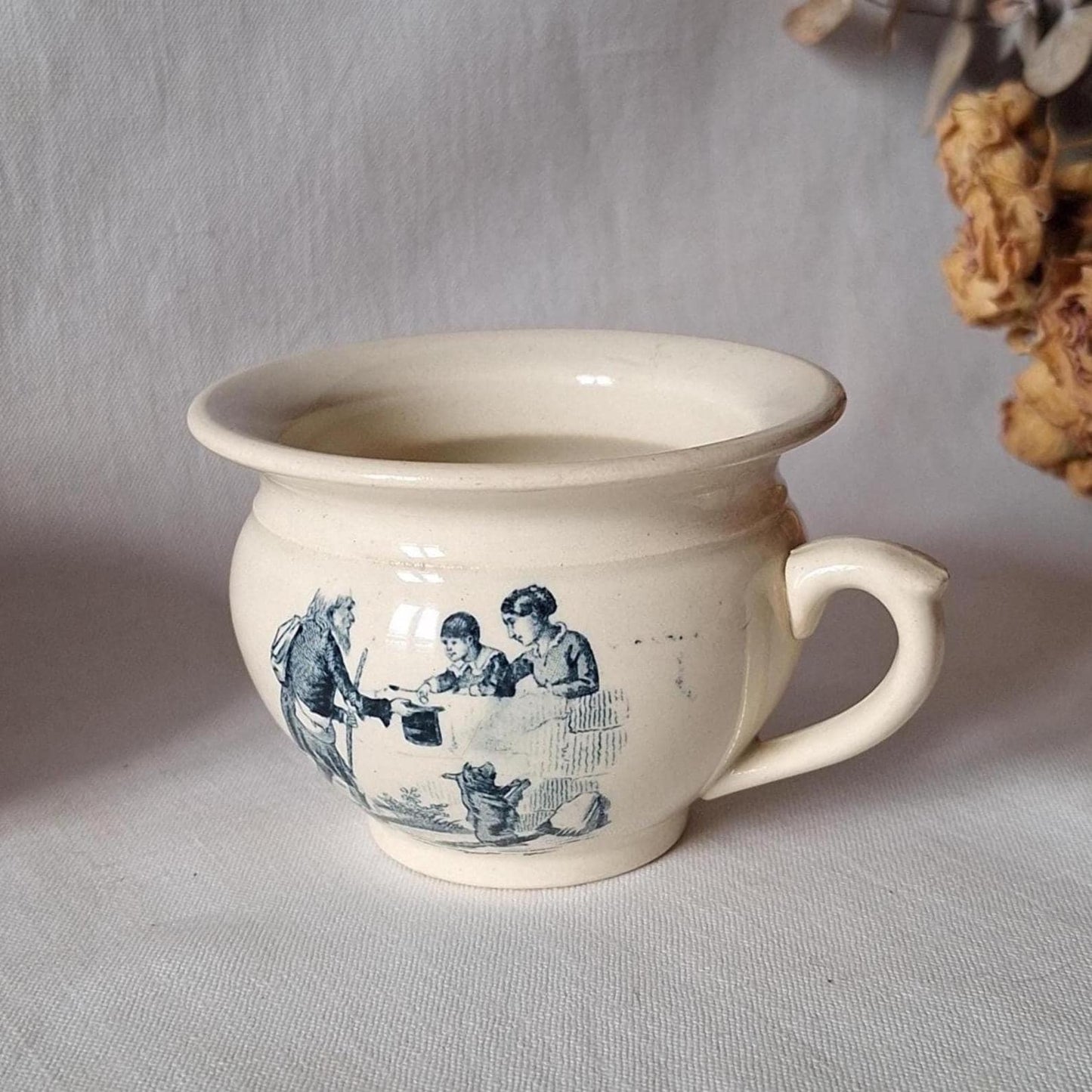 Miniature Antique doll chamber pot, Teal Transferware, French faience, Children's toy c.1890