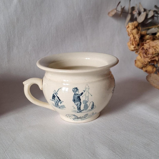 Miniature Antique doll chamber pot, Teal Transferware, French faience, Children's toy c.1890