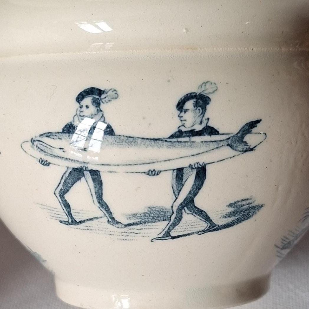 Miniature Antique doll chamber pot, Teal Transferware, French faience, Children's toy c.1890