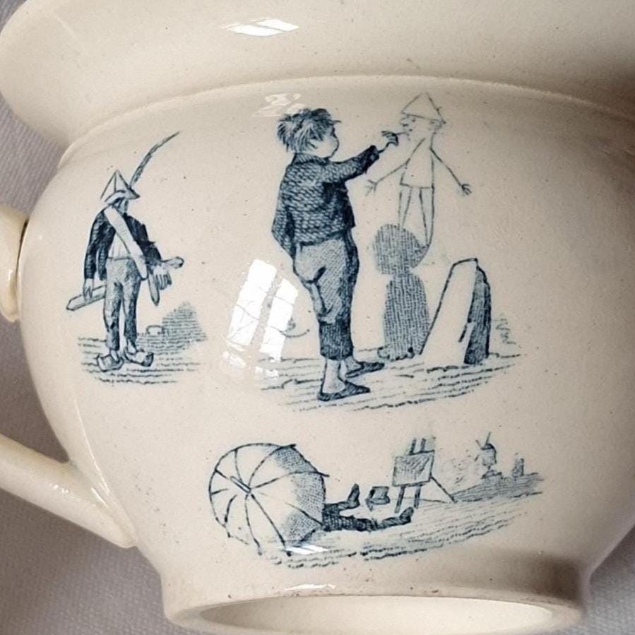 Miniature Antique doll chamber pot, Teal Transferware, French faience, Children's toy c.1890