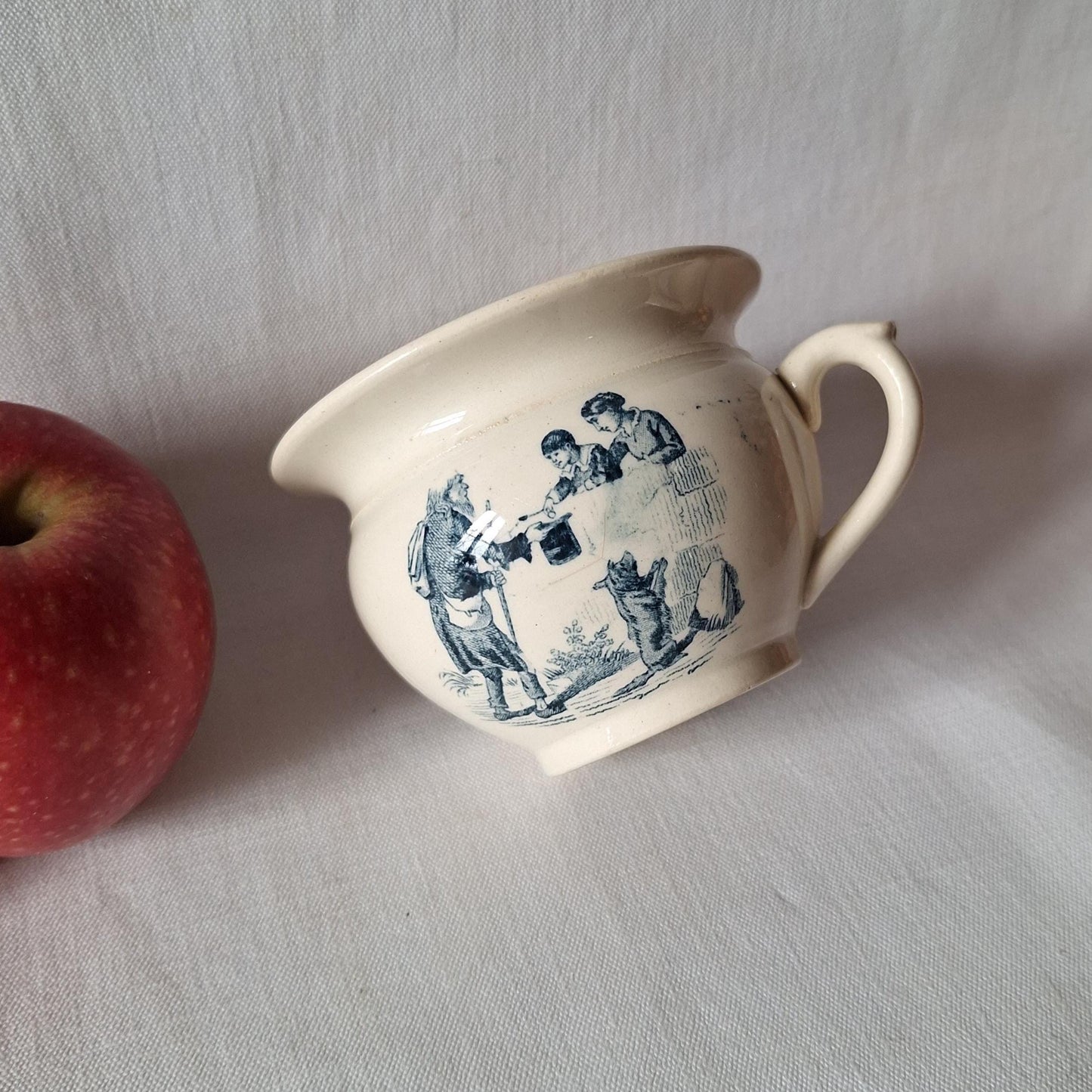 Miniature Antique doll chamber pot, Teal Transferware, French faience, Children's toy c.1890