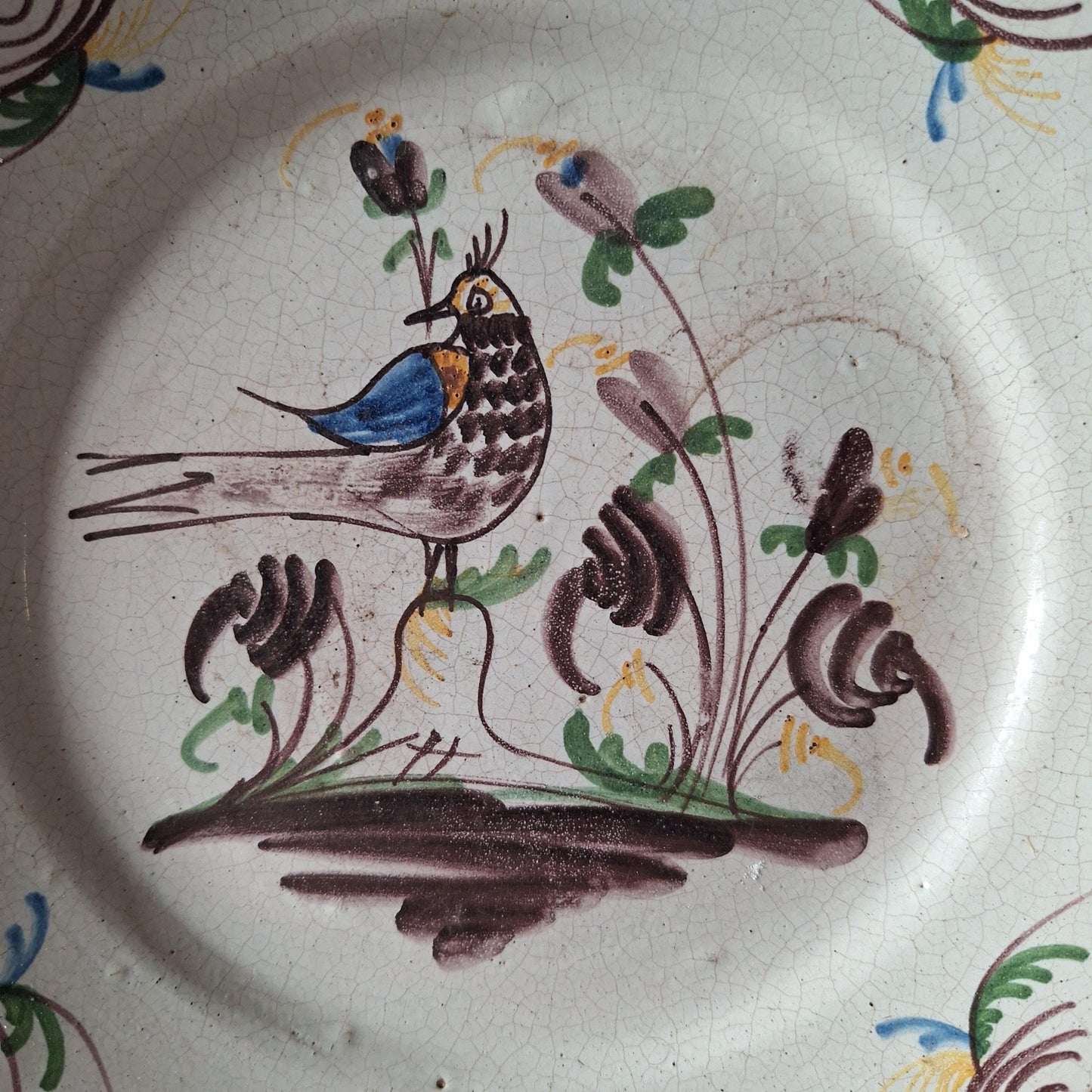 Rustic French vintage plate, brown and green folk art bird motif - wood-fired earthenware display plate