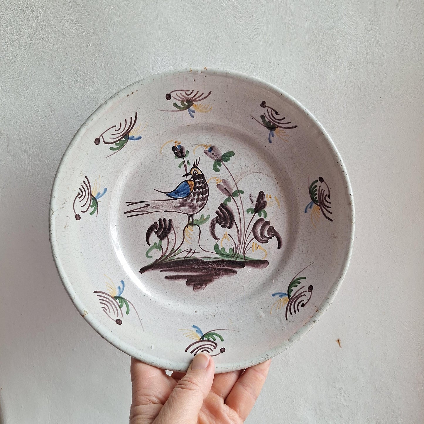 Rustic French vintage plate, brown and green folk art bird motif - wood-fired earthenware display plate