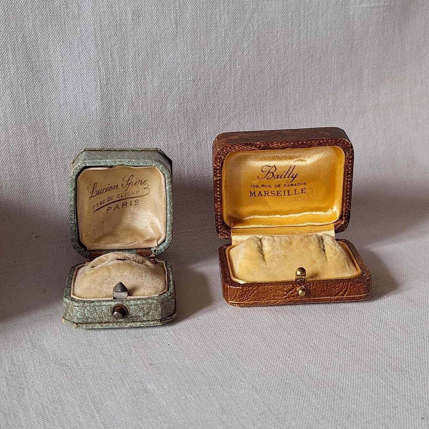 Two French vintage jewelry boxes, antique ring box / cuff-link box from Paris and Marseille