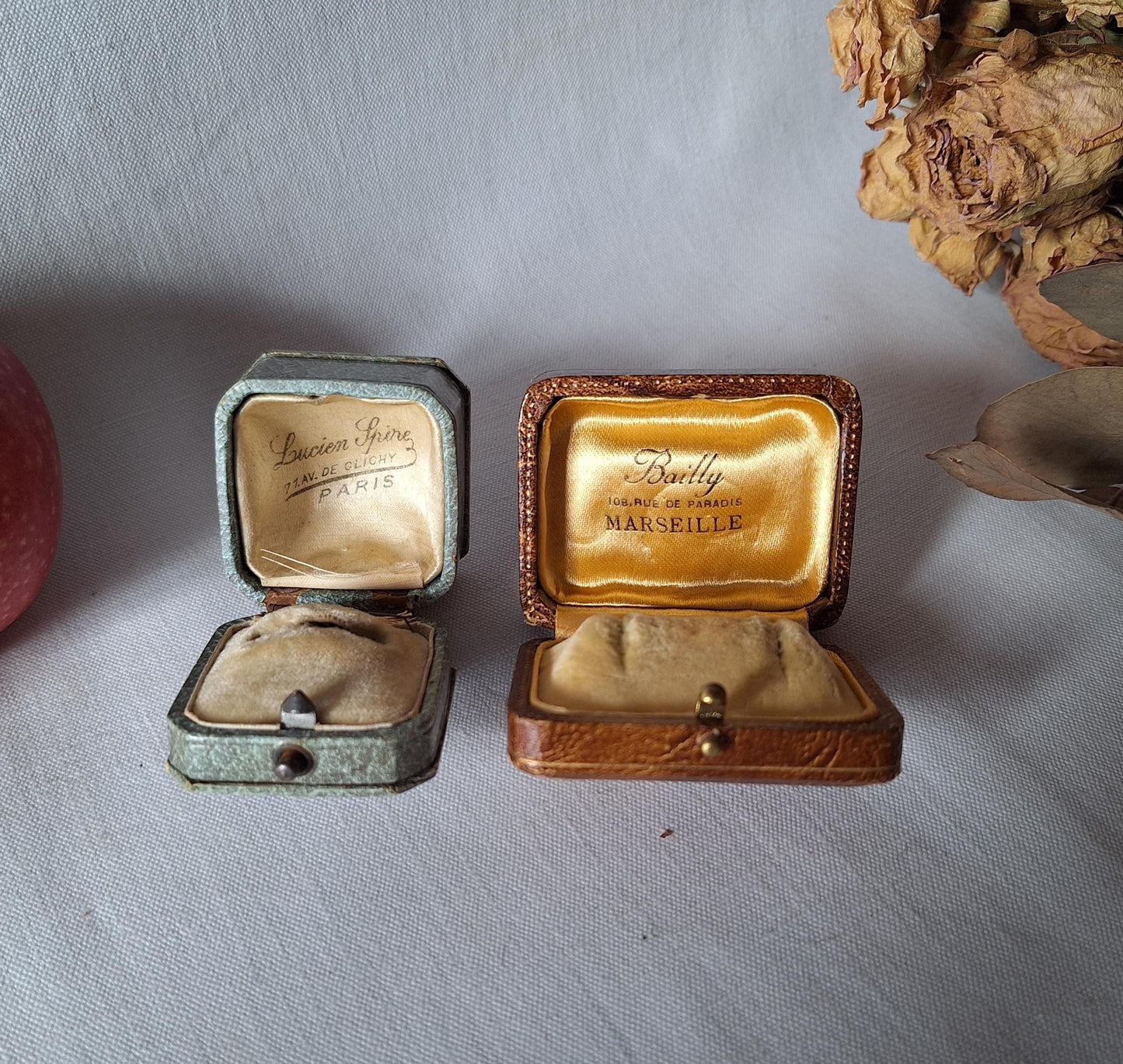 Two French vintage jewelry boxes, antique ring box / cuff-link box from Paris and Marseille