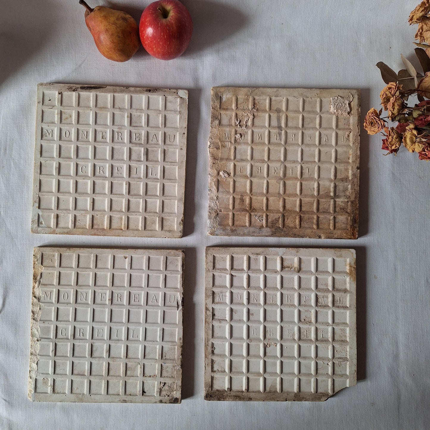Antique French Transferware Tiles, Creil and Montereau, c.1880, blue ivy design set 6pc