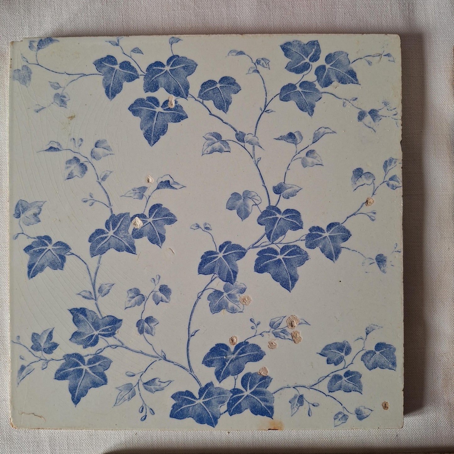 Antique French Transferware Tiles, Creil and Montereau, c.1880, blue ivy design set 6pc