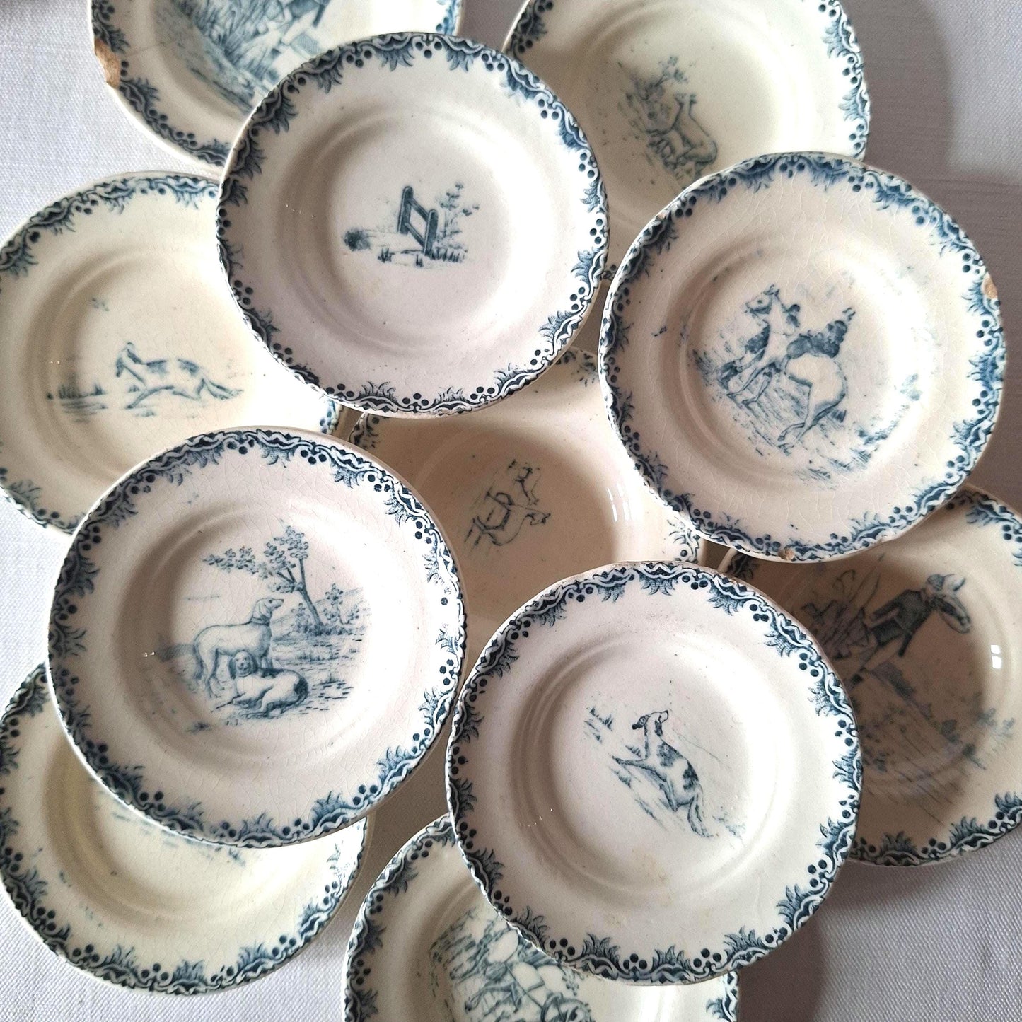 Miniature French Antique Children's dinette plate set, teal Transferware, Choisy le Roi, c.1890, 23 pieces.