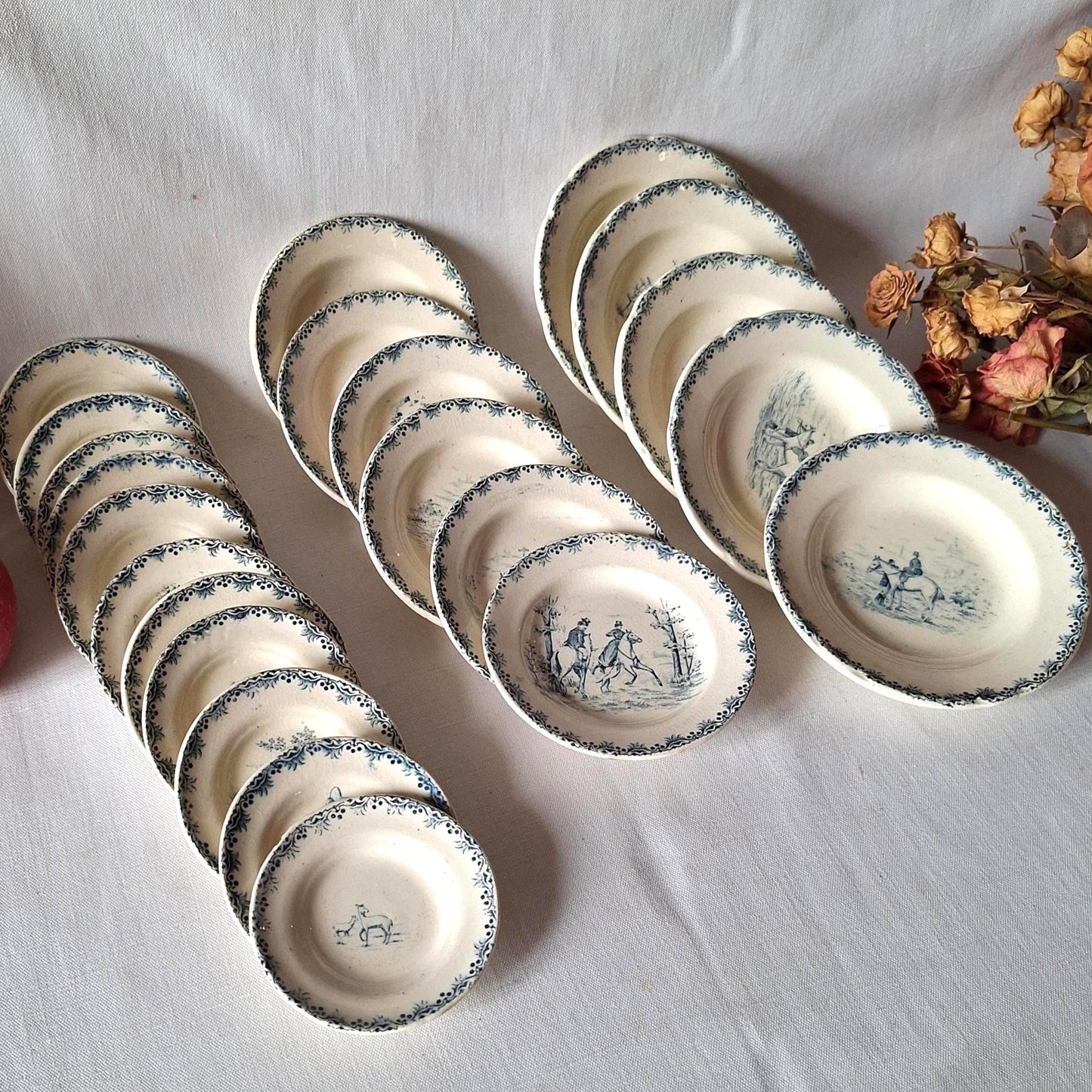Miniature French Antique Children's dinette plate set, teal Transferware, Choisy le Roi, c.1890, 23 pieces.