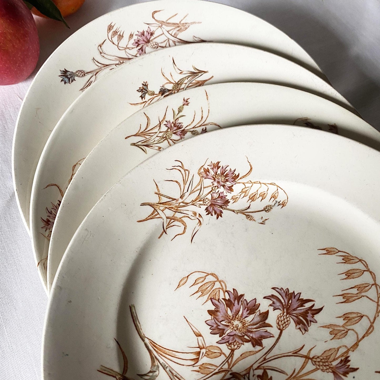 SET of 4 antique French ironstone dinner plates, polychrome floral in brown, green + pink, hand colored, K&G Luneville France