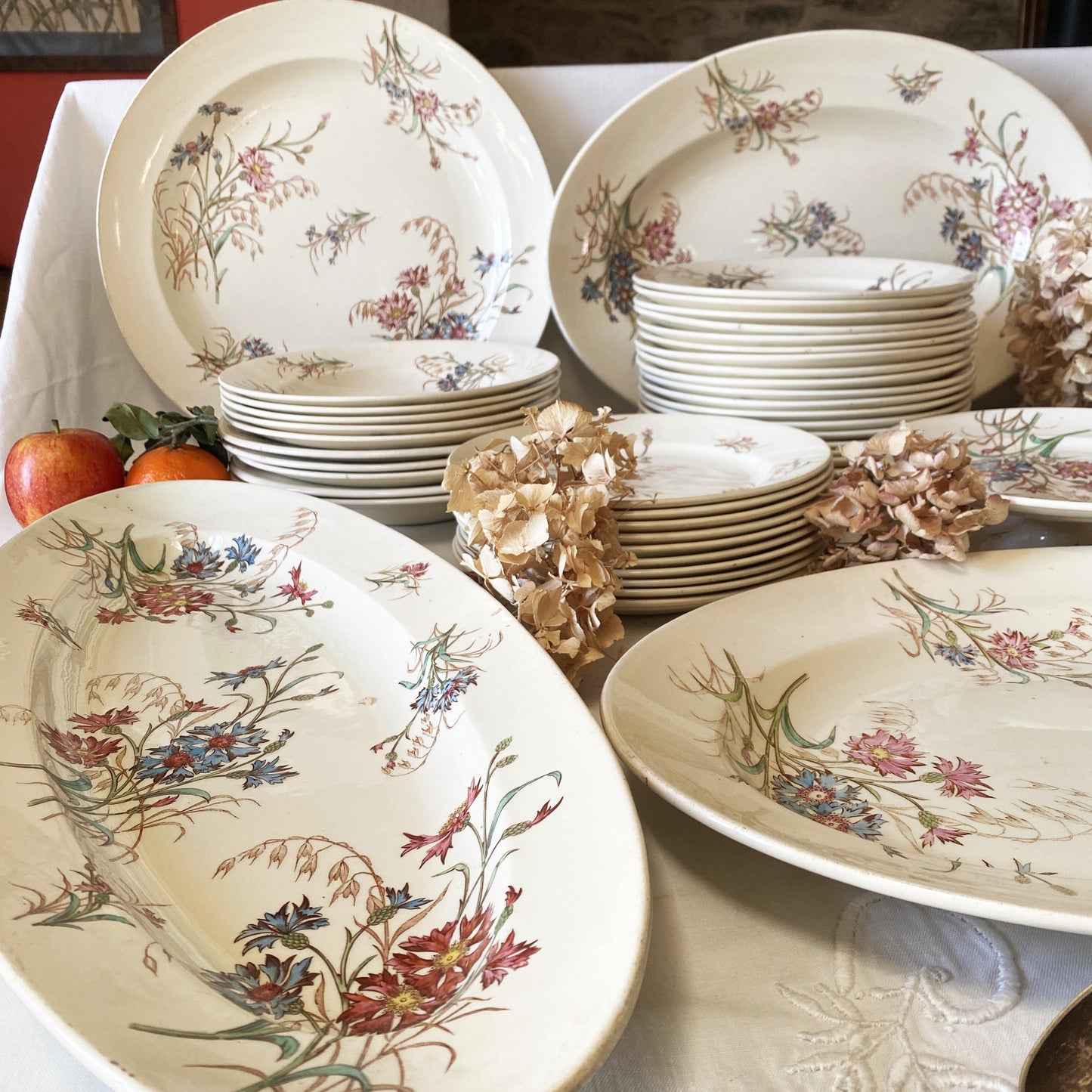 French Antique 10 to 20-Place Dinner Service, 45pc polychrome Floral Design, Salins 'Bluets' c1900