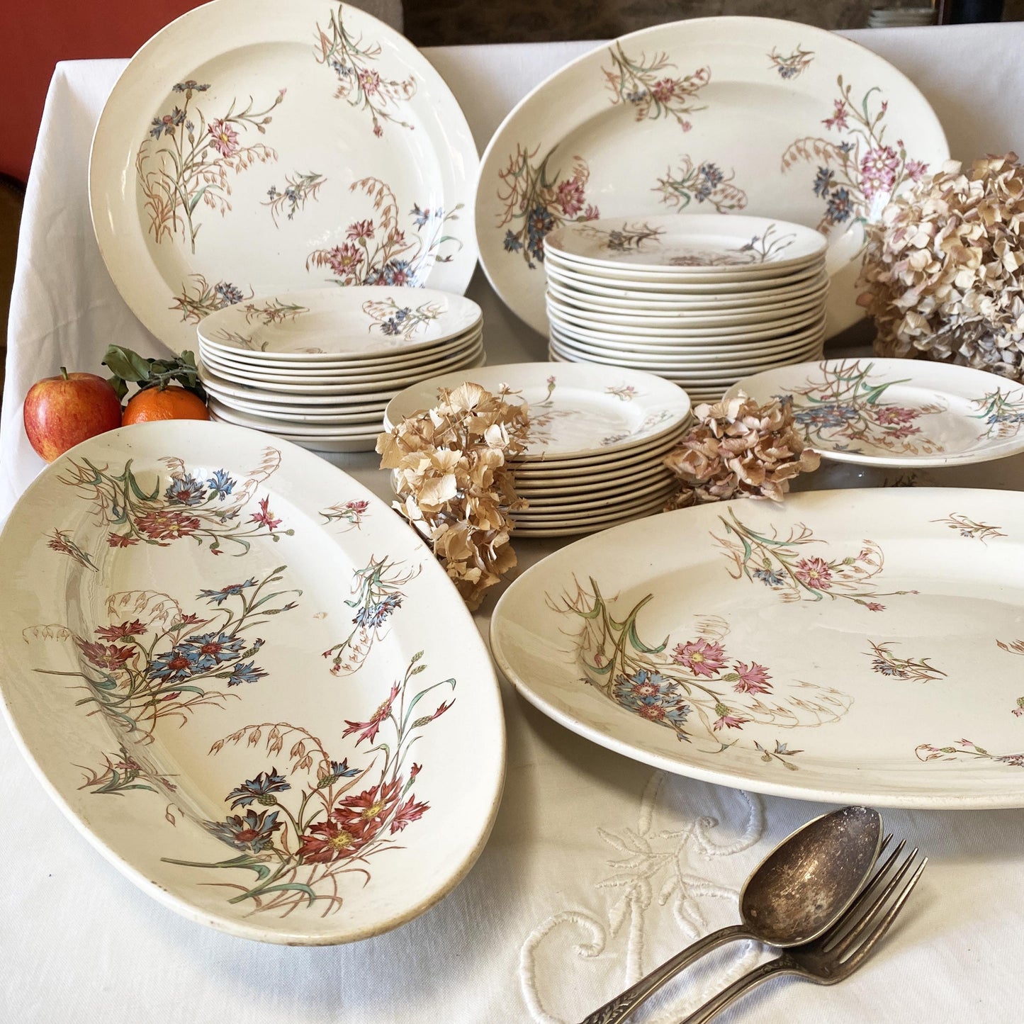 French Antique 10 to 20-Place Dinner Service, 45pc polychrome Floral Design, Salins 'Bluets' c1900