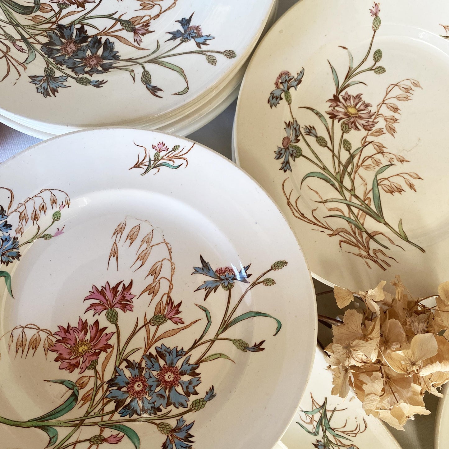 French Antique 10 to 20-Place Dinner Service, 45pc polychrome Floral Design, Salins 'Bluets' c1900