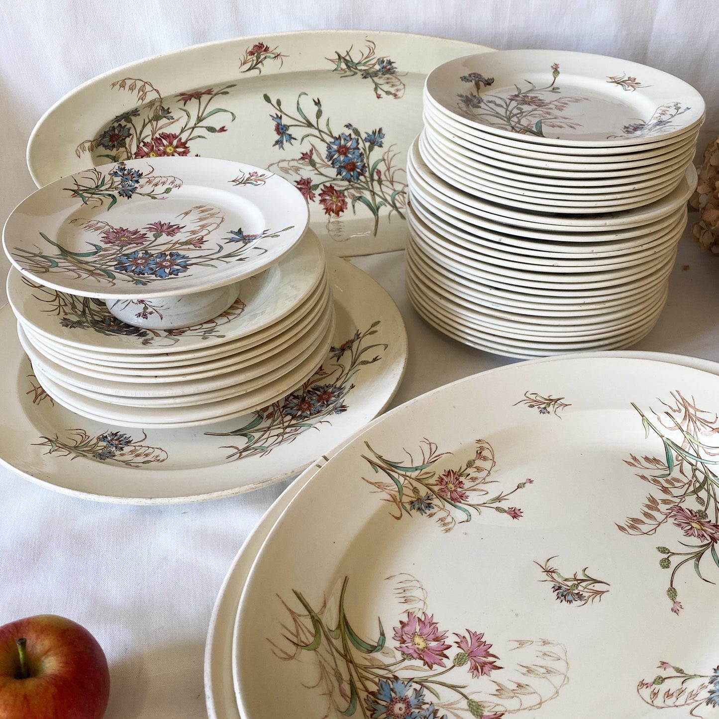 French Antique 10 to 20-Place Dinner Service, 45pc polychrome Floral Design, Salins 'Bluets' c1900