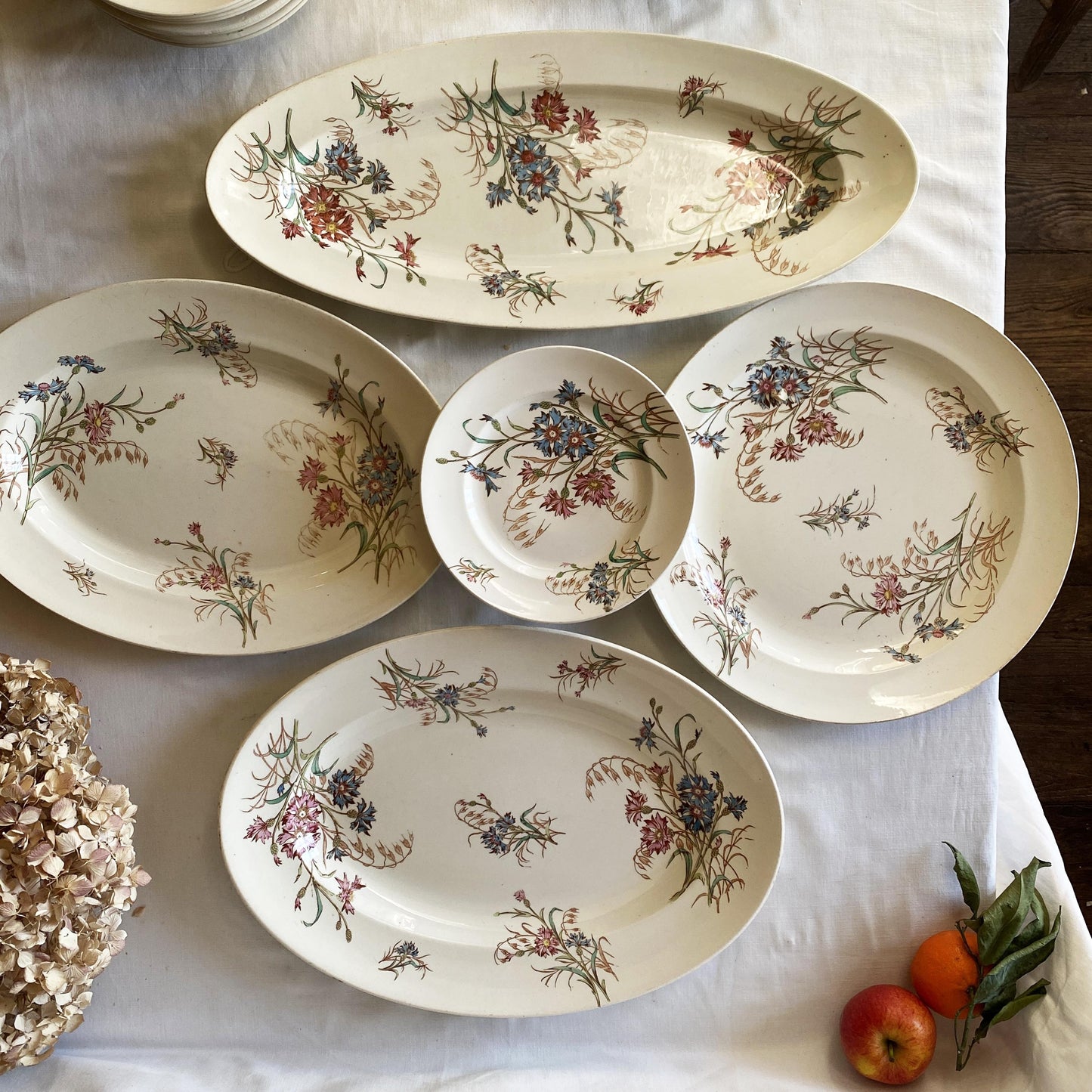 French Antique 10 to 20-Place Dinner Service, 45pc polychrome Floral Design, Salins 'Bluets' c1900